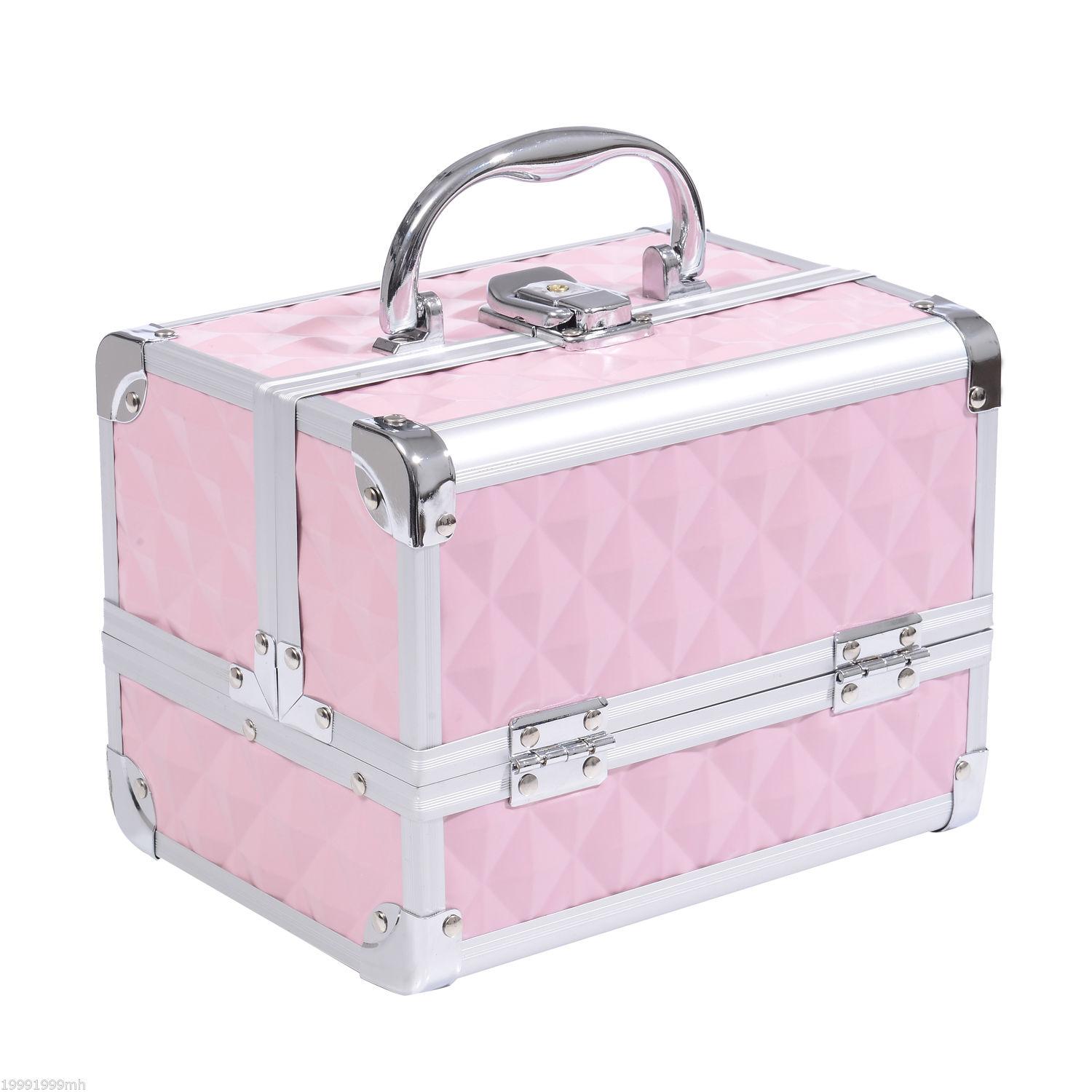 Pink Diamond Makeup Case with Mirror, 3-Tier Storage