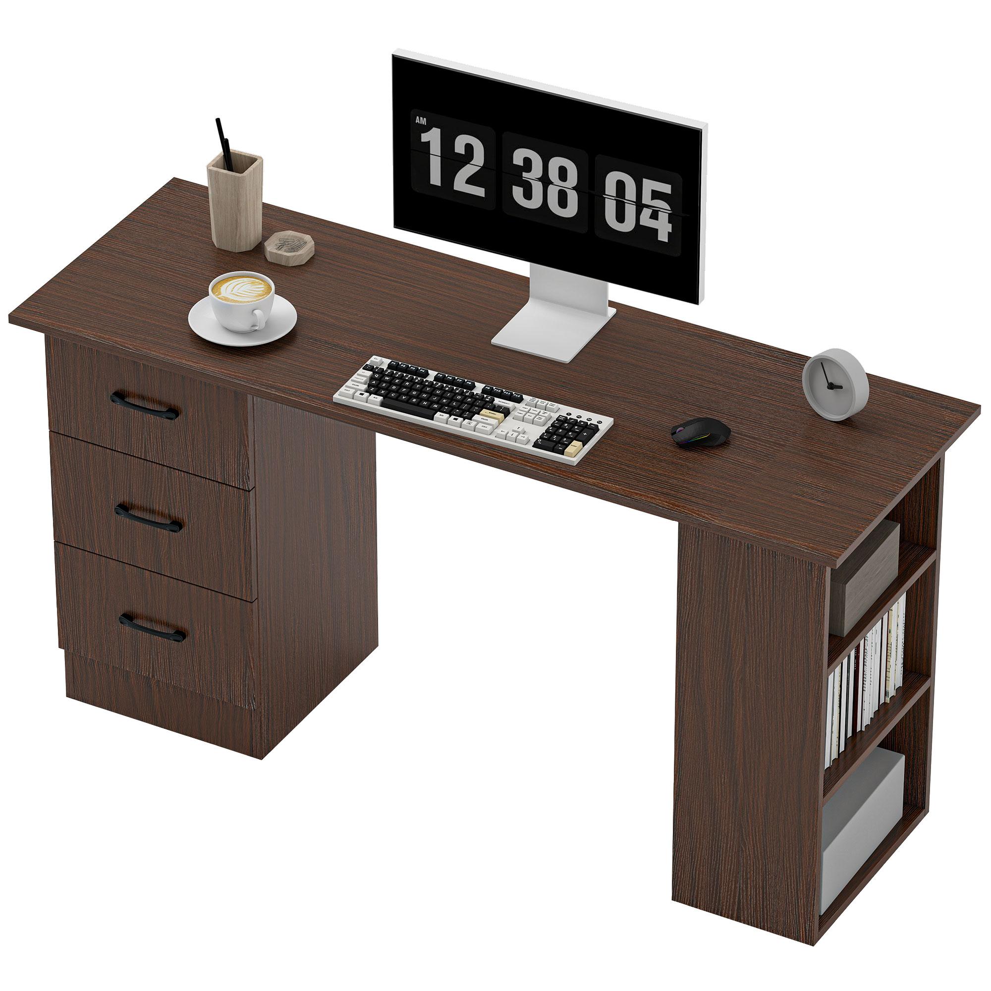 55 inch coffee brown desk with reversible drawers and shelves