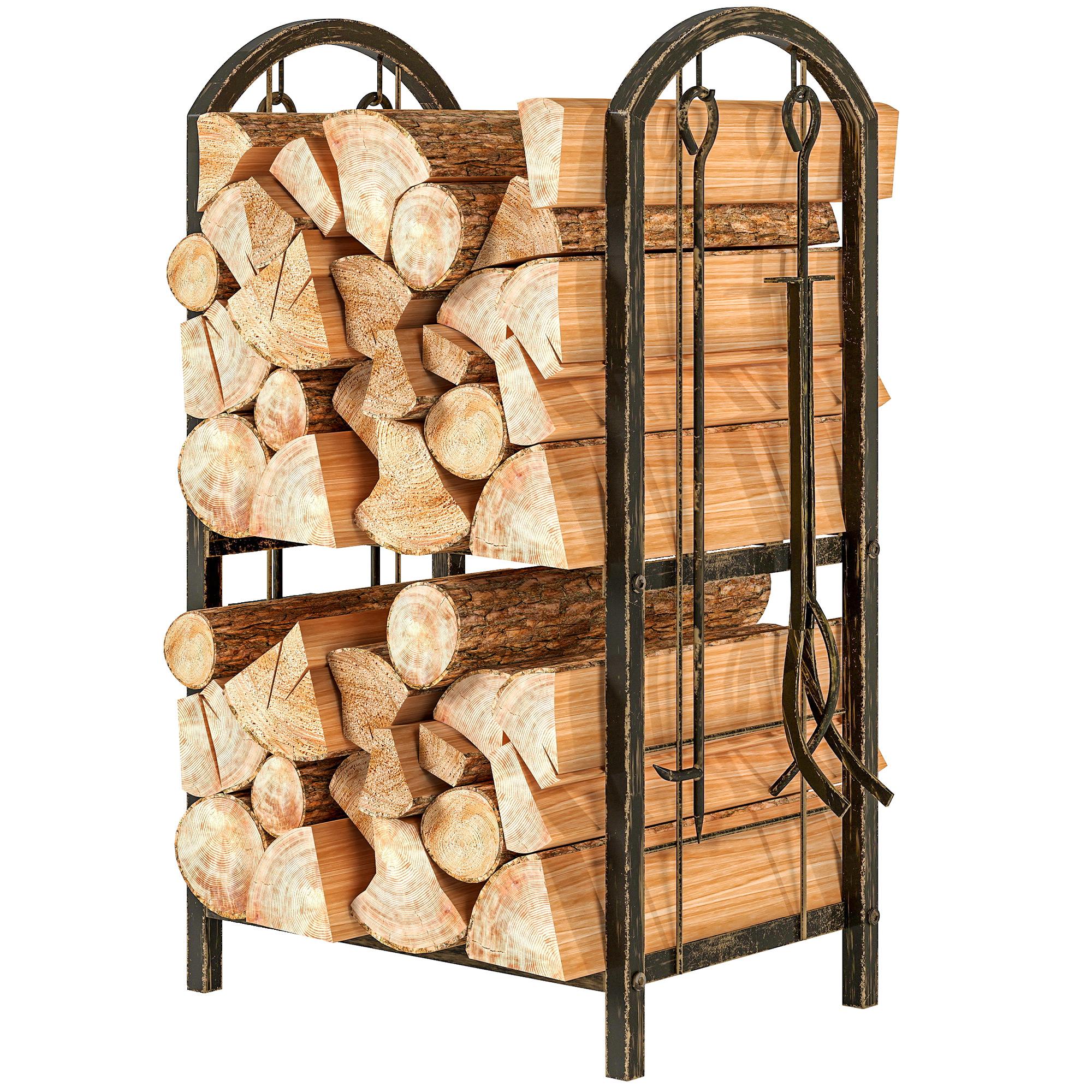 Coffee Brown Metal Firewood Rack with Fireplace Tools