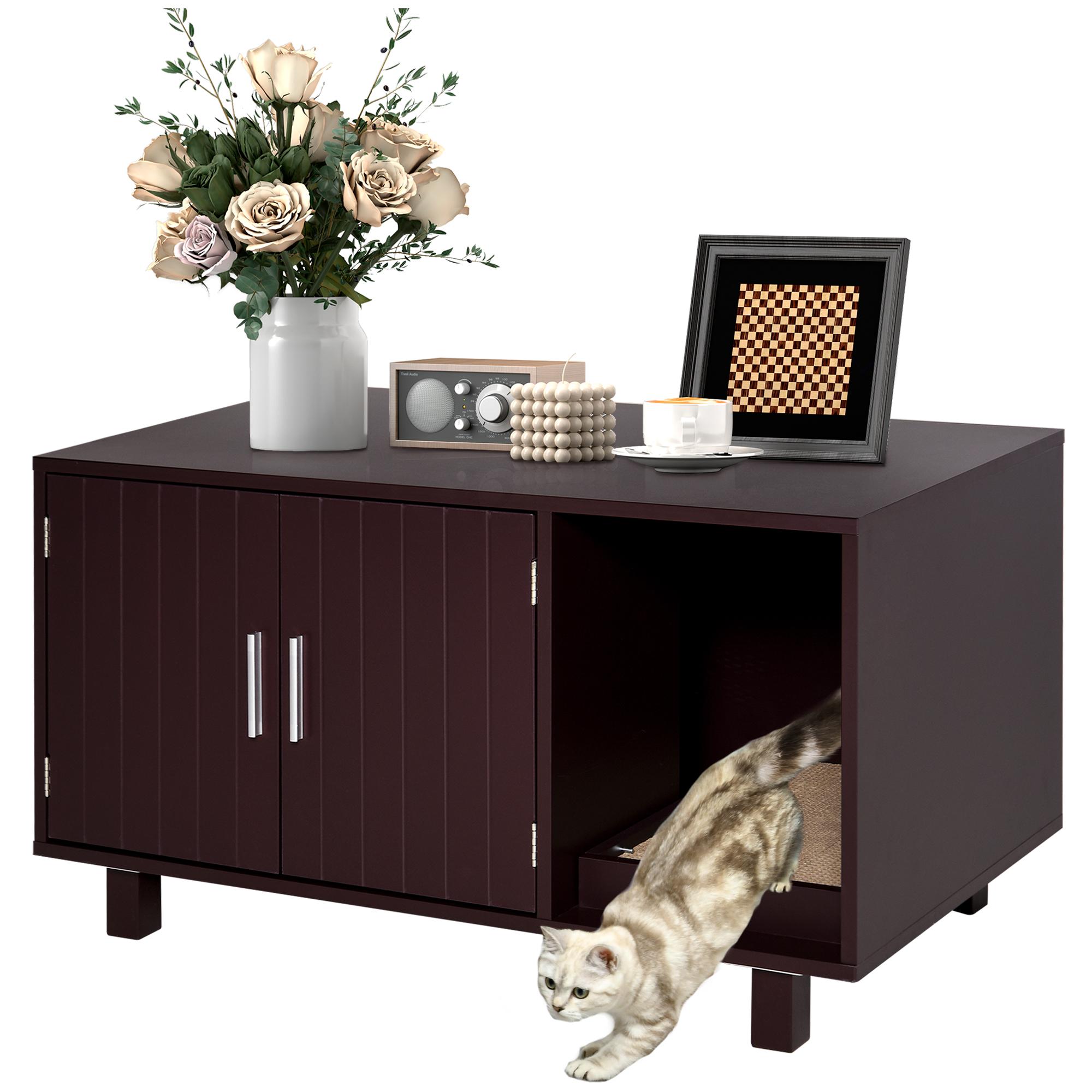Coffee engineered wood litter enclosure with scratcher