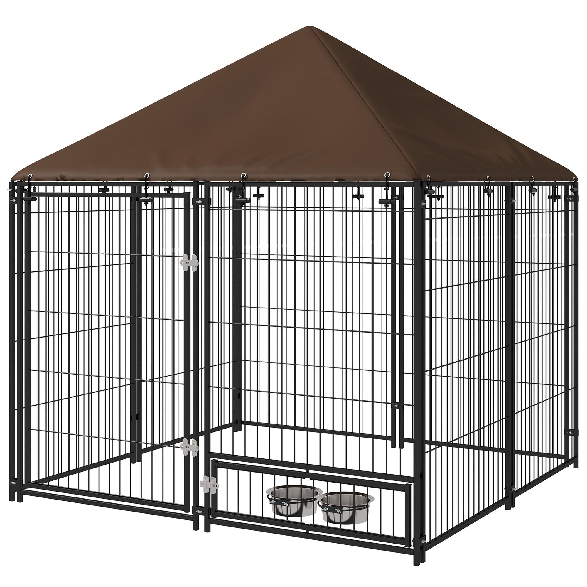 Coffee Covered Dog Kennel with Rotating Bowls