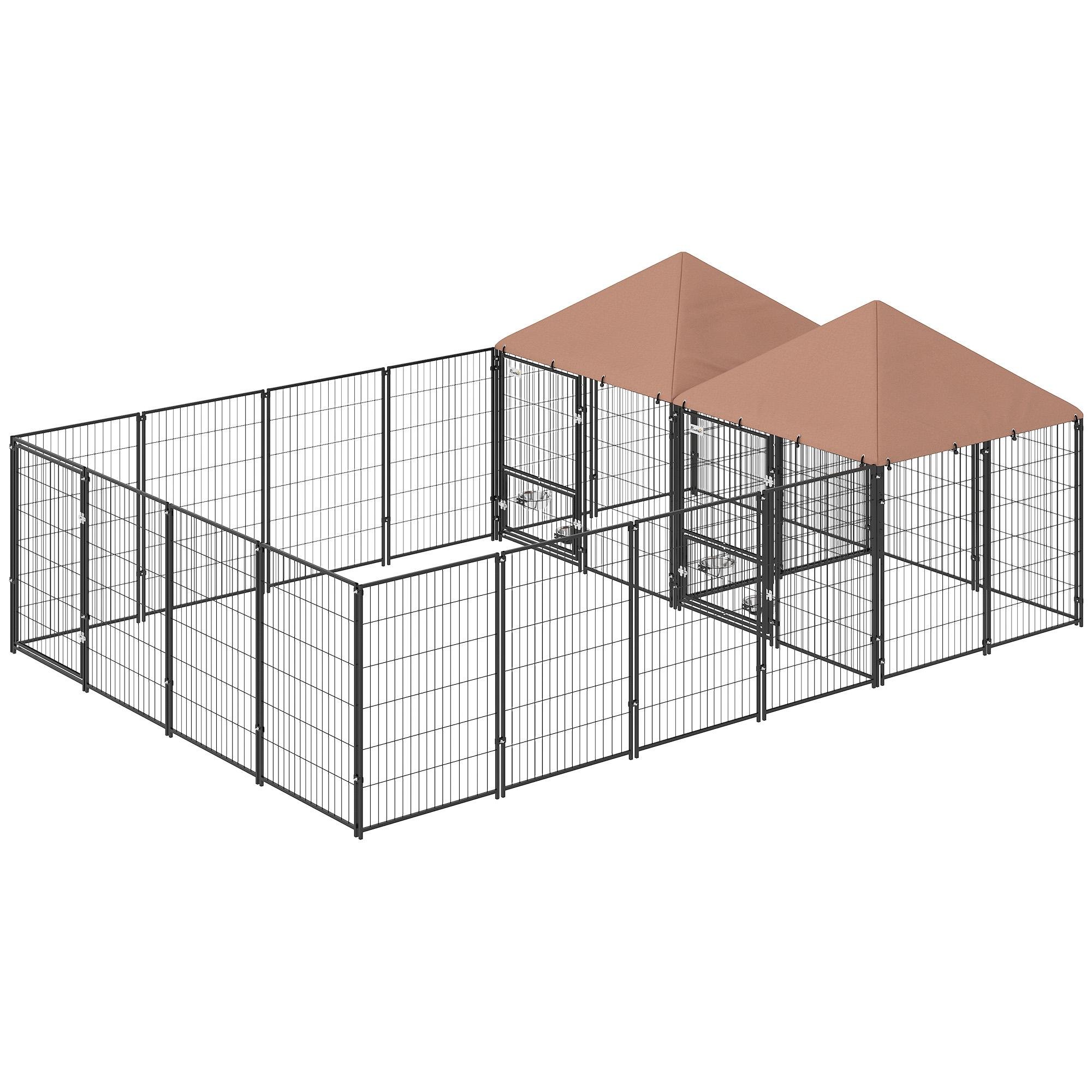 coffee two-room dog kennel with 4 bowls, outdoor