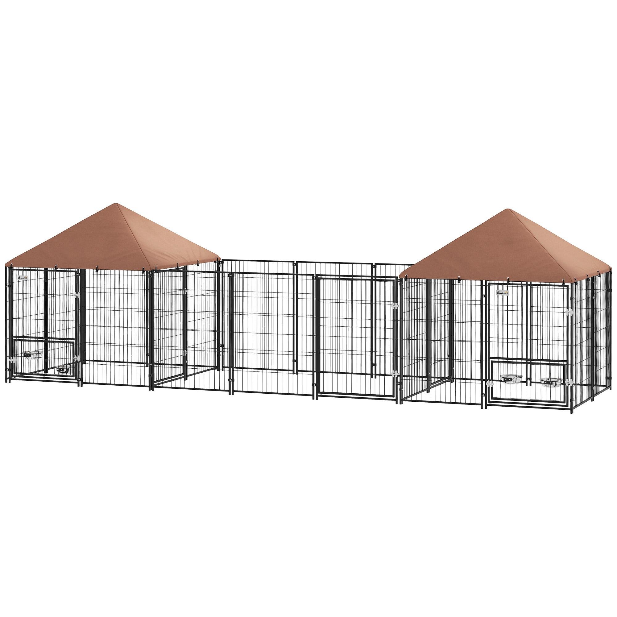 Coffee Two Room Dog Run with Waterproof UV-Resistant Cover