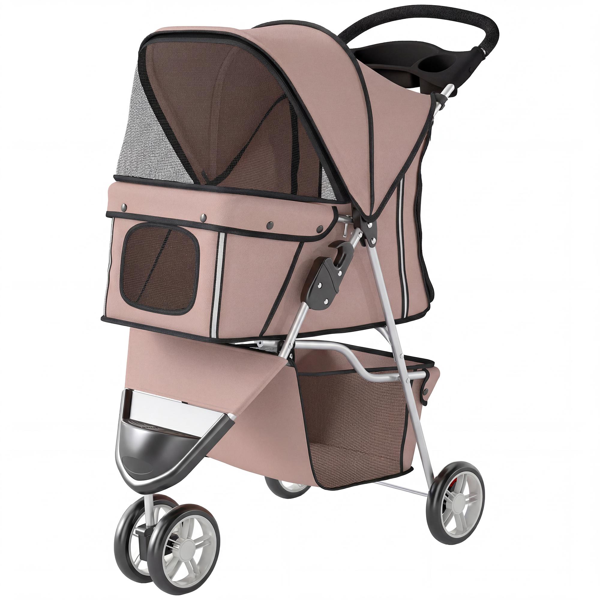 Coffee Three Wheel Pet Stroller, Foldable Small Dog Design