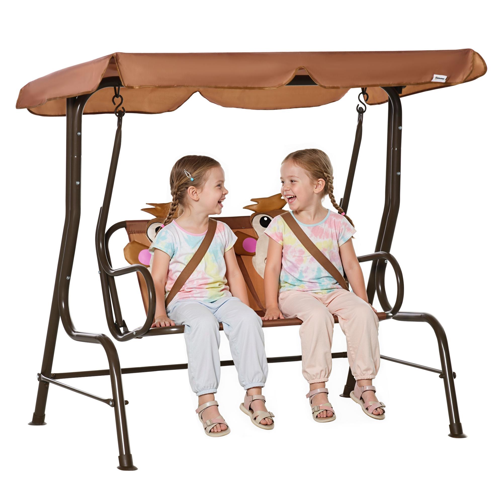Coffee Two Seat Kids Swing with Adjustable Canopy