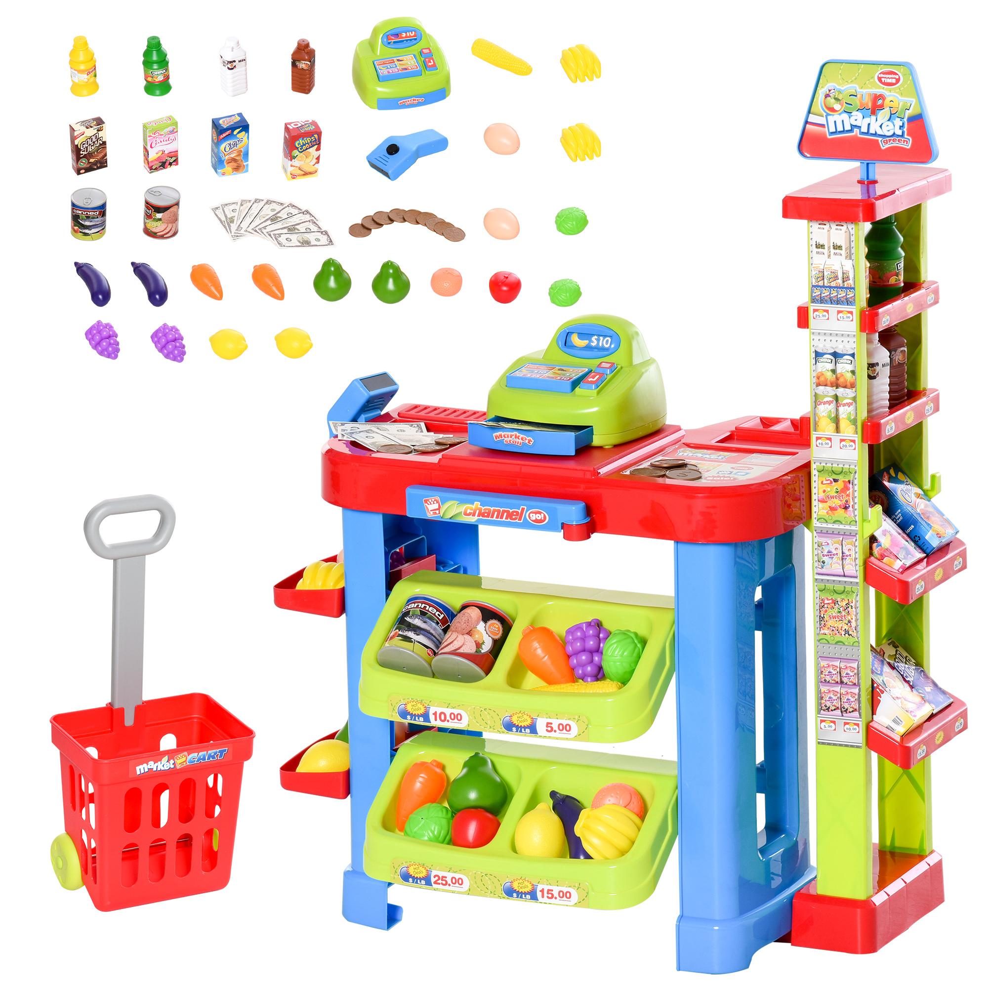 Red Blue Grocery Playset with Cash Register for Pretend Play