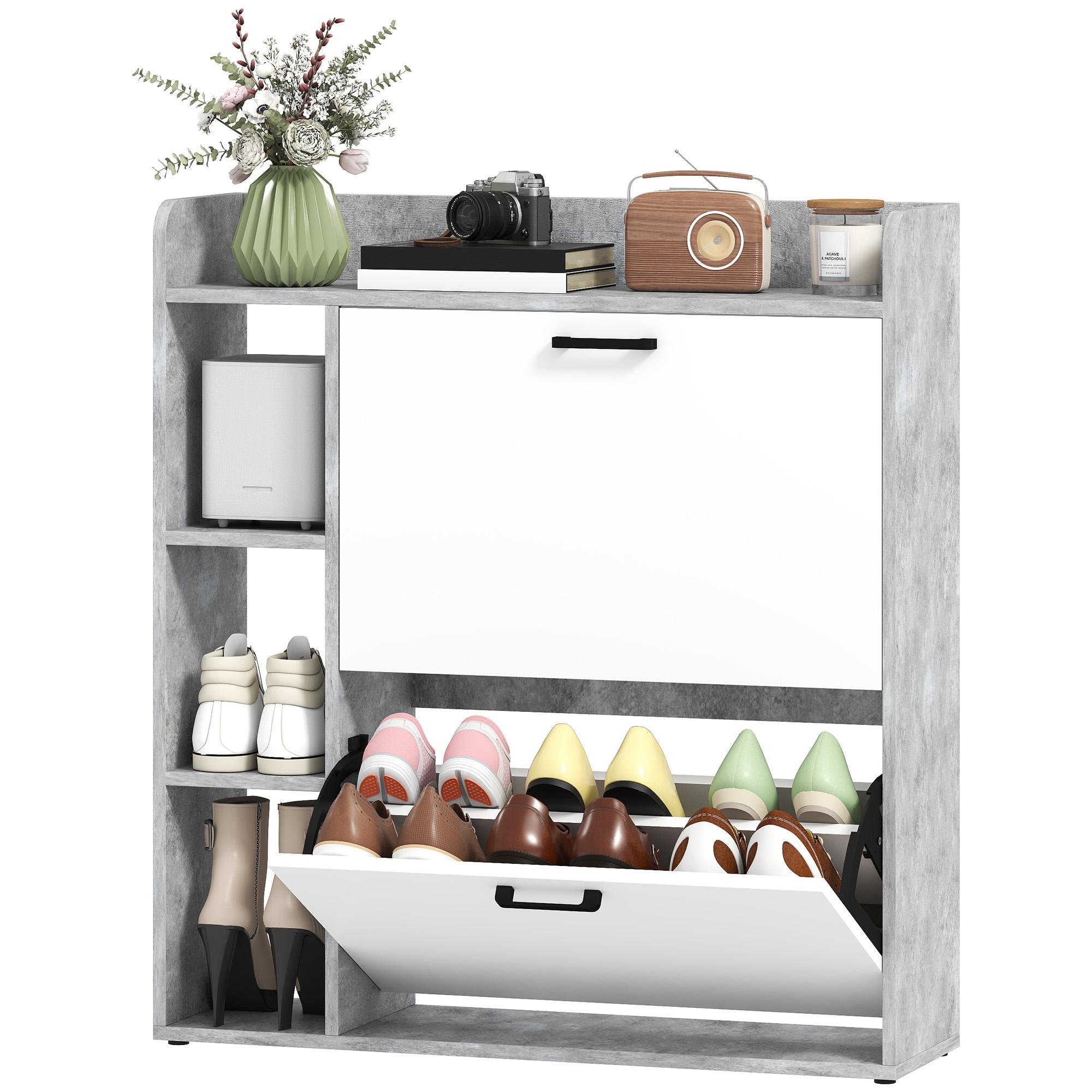 Concrete Grey Shoe Cabinet with Flip Drawers, 8-12 Pairs