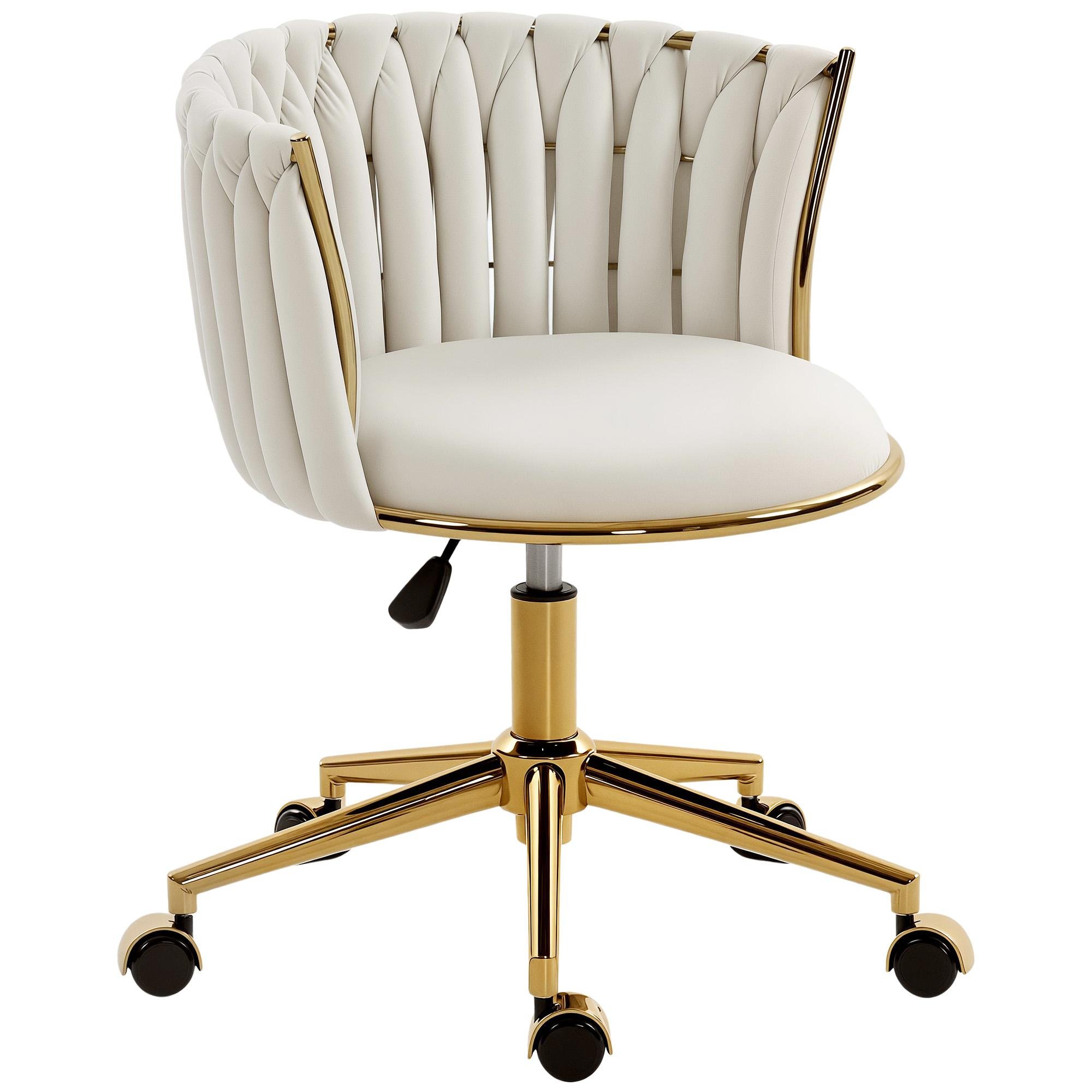 Cream Velvet Vanity Chair with Woven Back