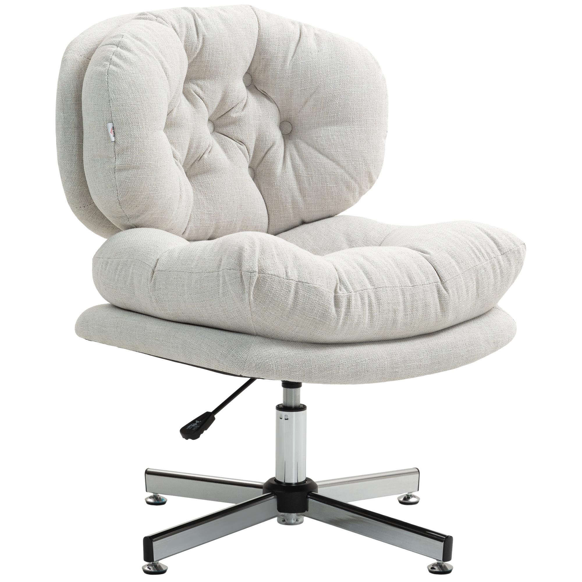 Cream White Linen Office Chair, Wide Padded Seat