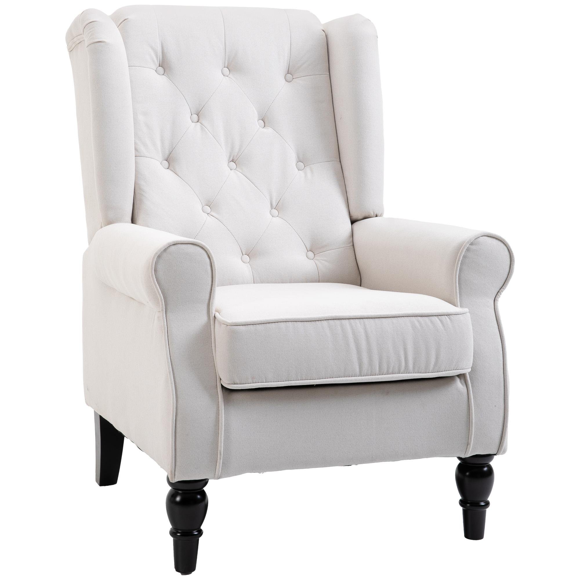 Cream White Button Tufted Chair with Rolled Arms