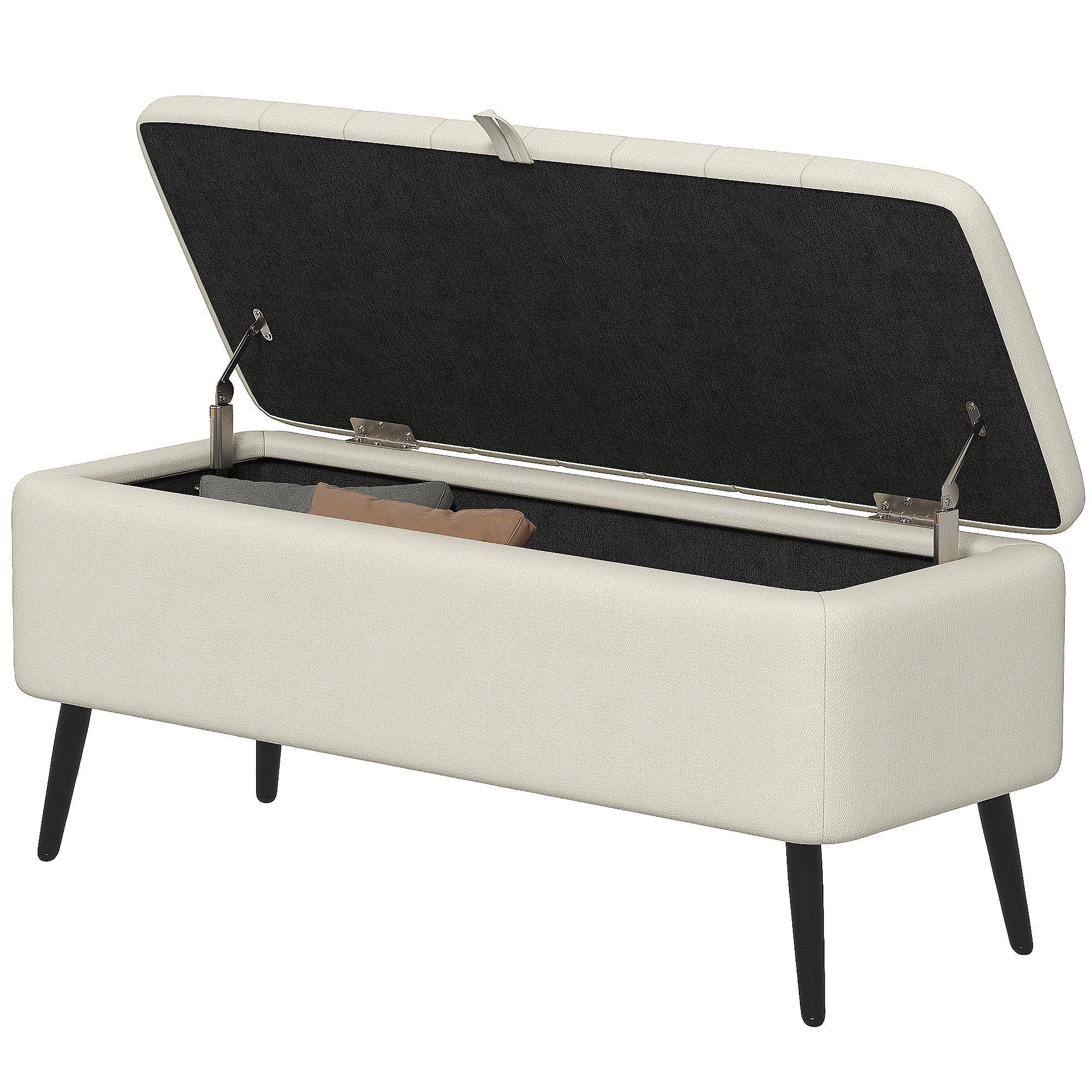 Cream White Channel Tufted Ottoman with Hidden Storage