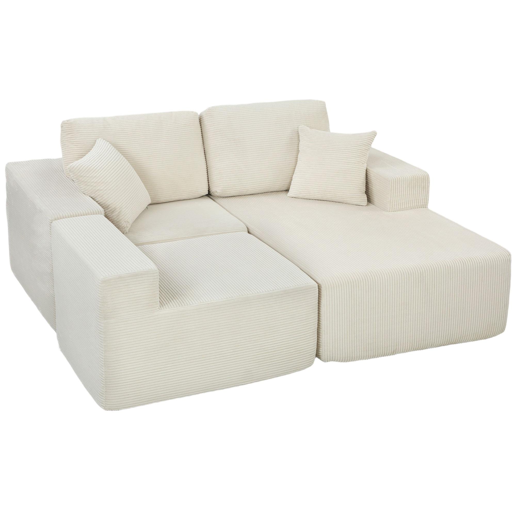 Cream White Corduroy Sofa Bed, Modular L-Shaped Couch