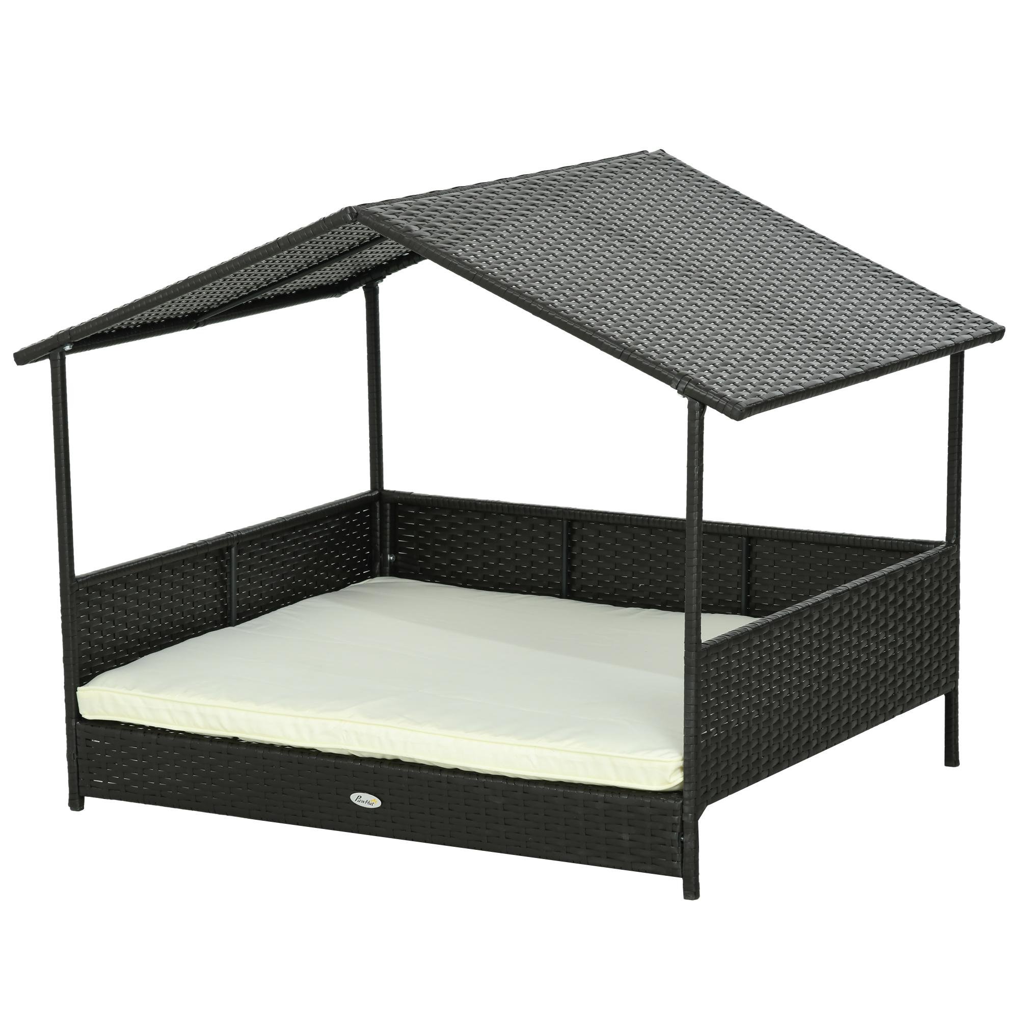 Cream White Rattan Dog House with Canopy, 110 lb Capacity