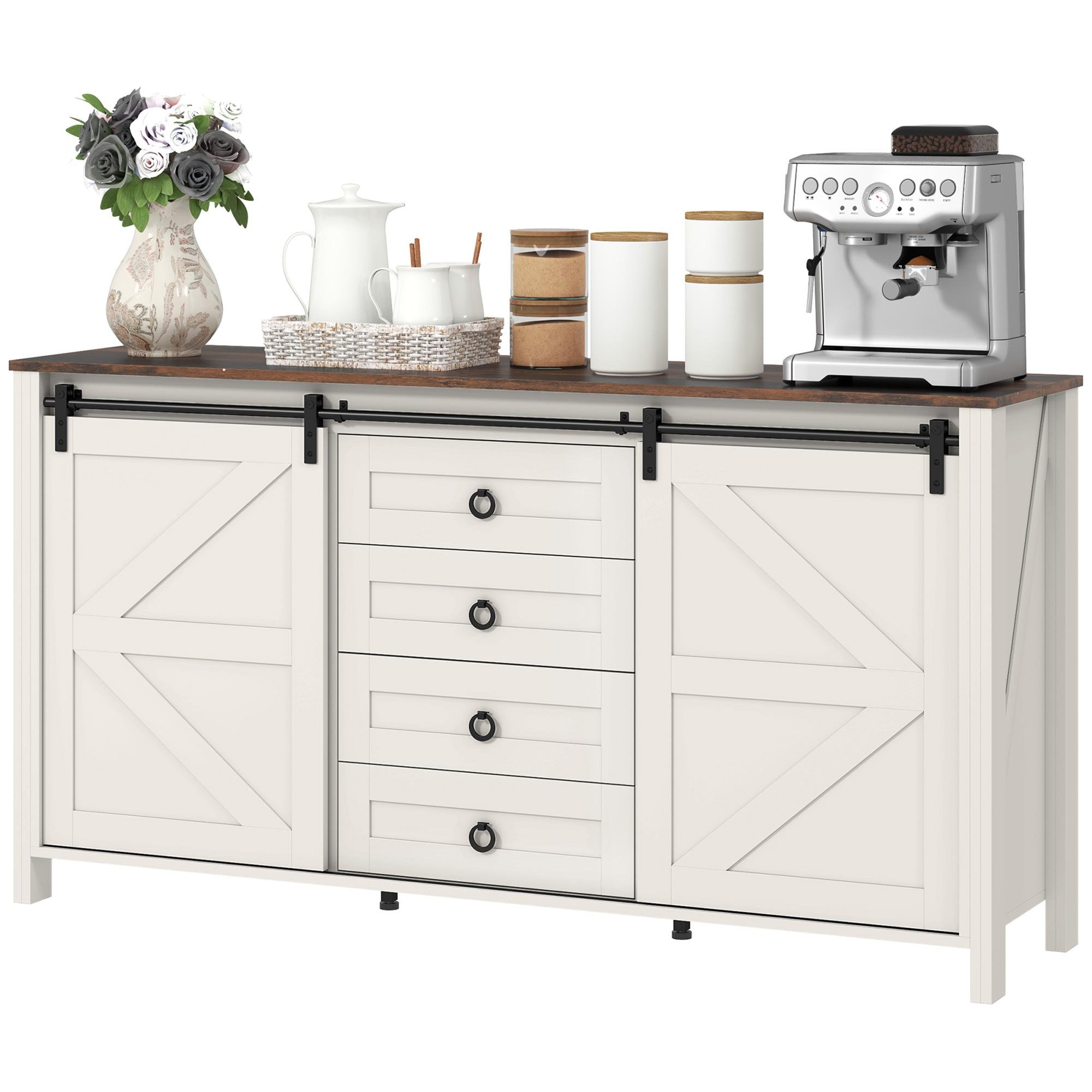 Cream White Farmhouse Buffet with Barn Doors and Drawers