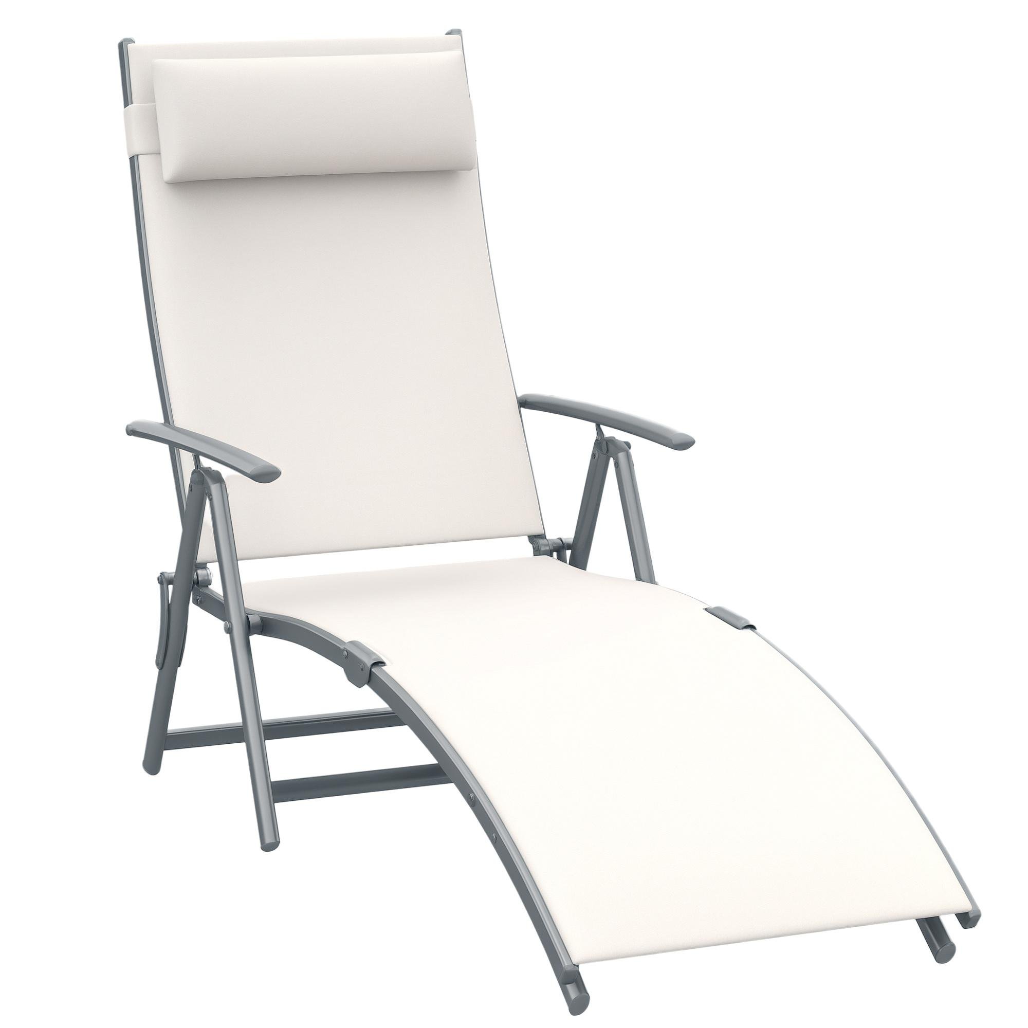 Cream White Folding Lounger with 7-Position Backrest