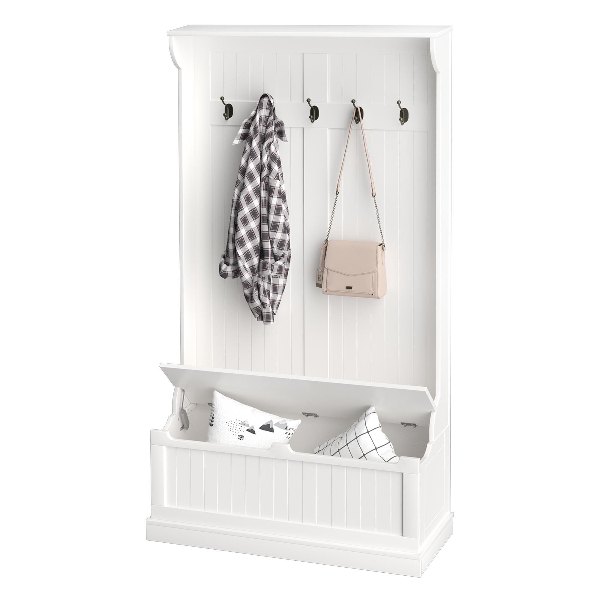 Cream White Hall Tree with Storage Bench and Five Hooks