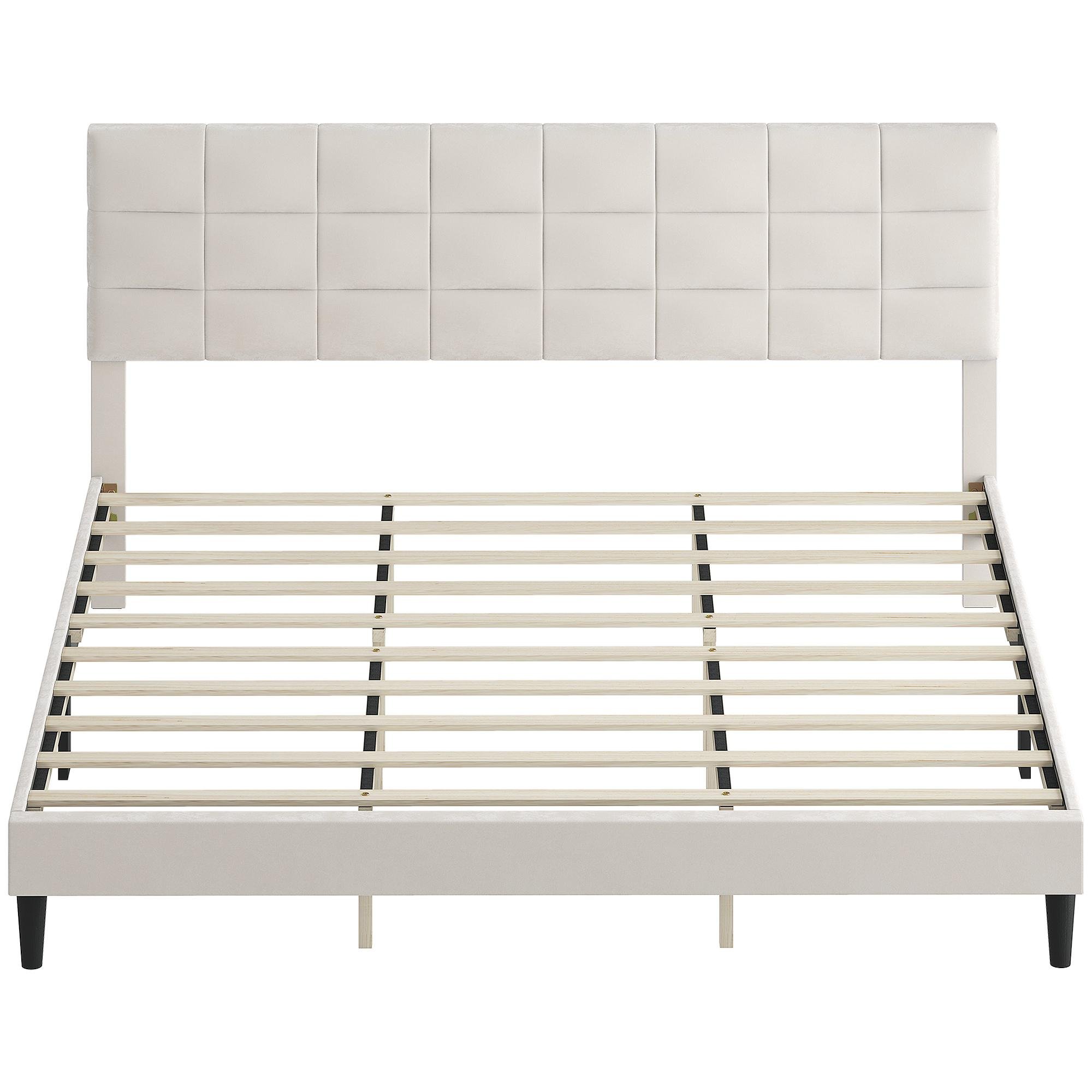 Cream King Platform Bed with Upholstered Headboard, 1102 lb Capacity