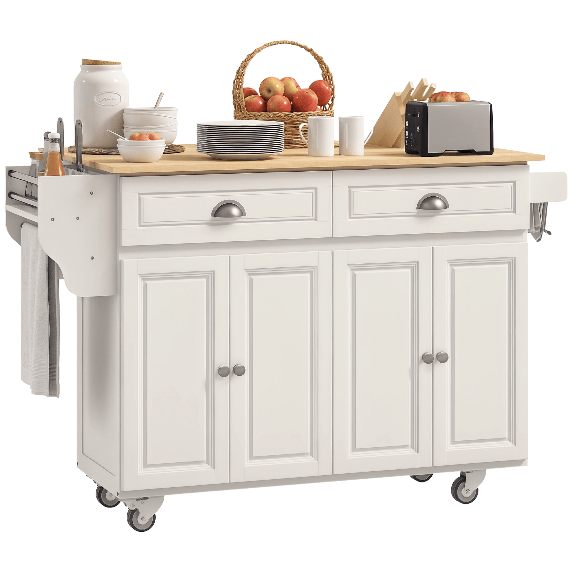 Cream White Drop Leaf Cart with Storage and Rubberwood Top