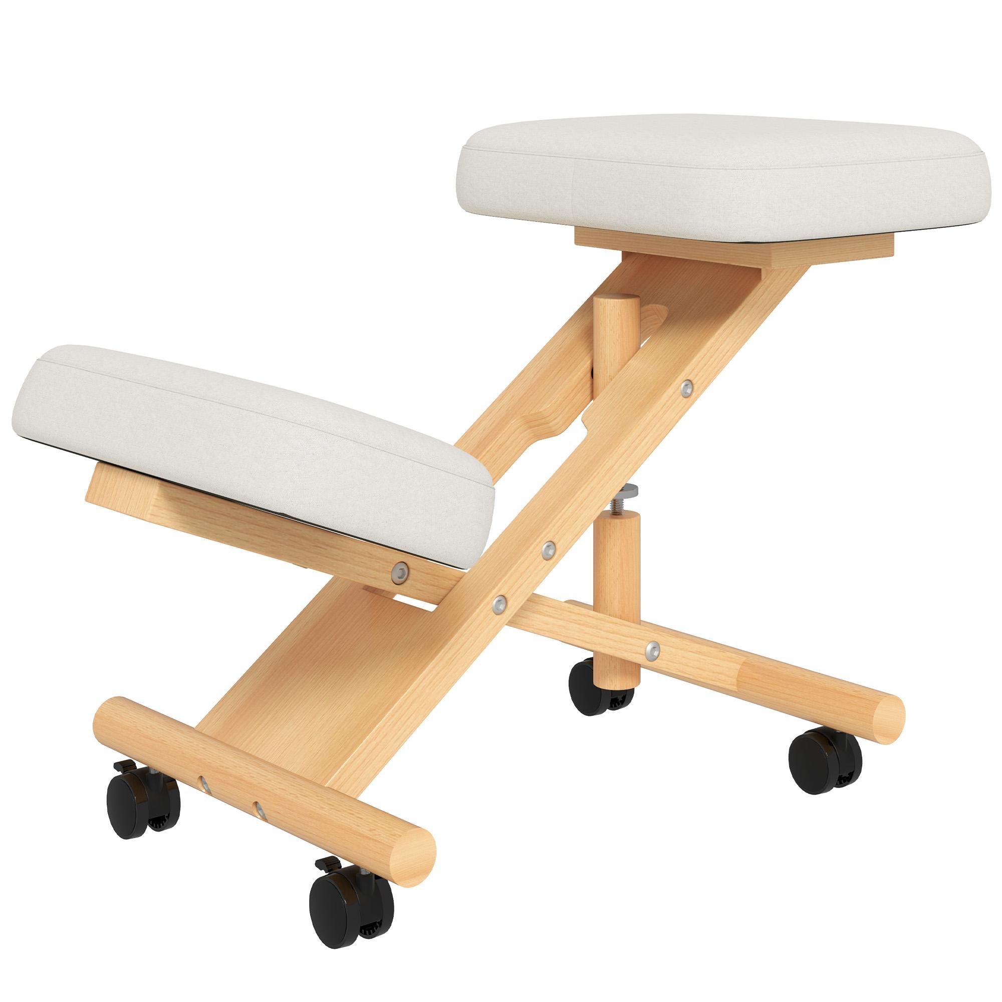 Cream White Rubberwood Kneeling Chair with Padded Knee Support