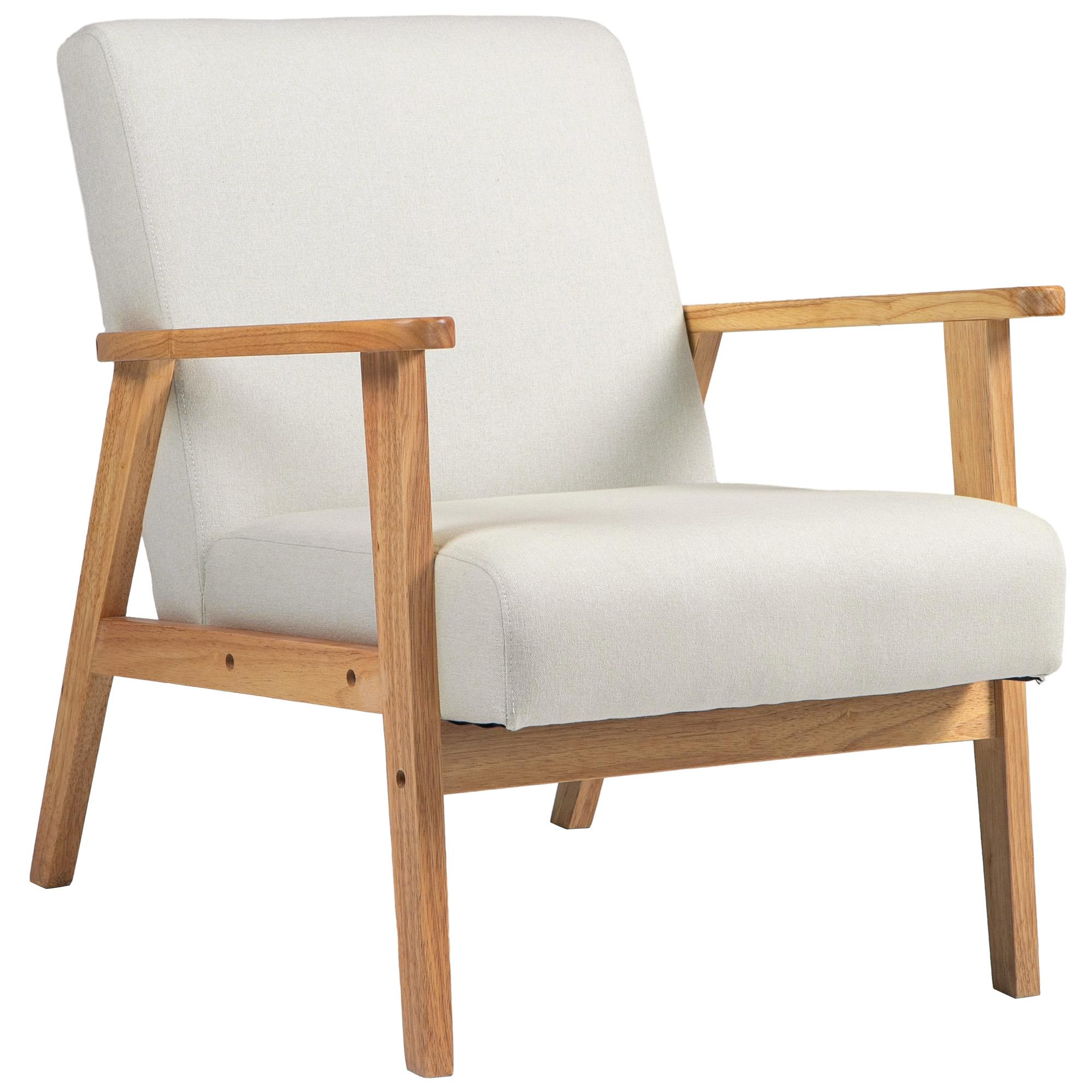 Cream White Linen Armchair with Rubberwood Frame