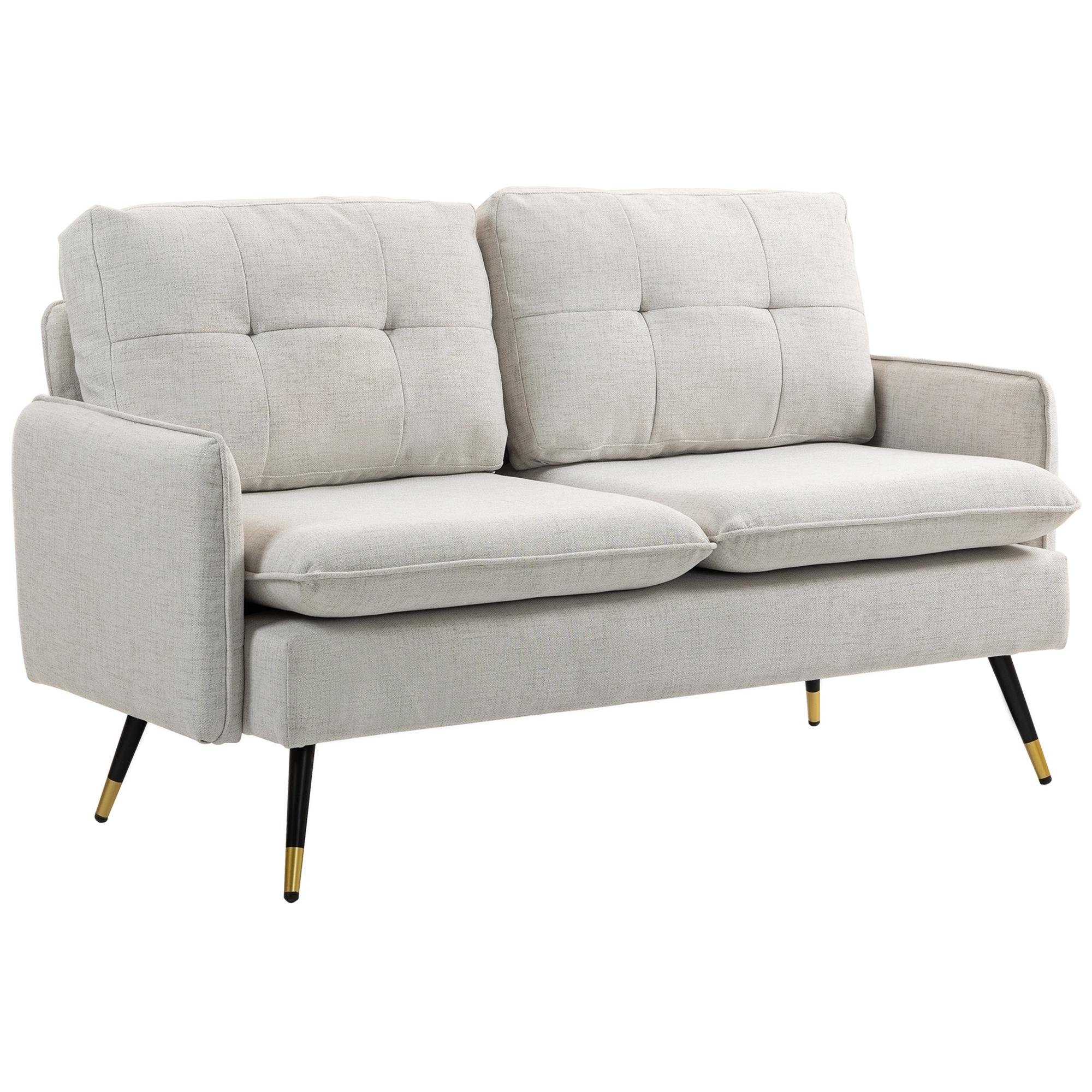 Cream White Linen Loveseat with Tufted Cushions