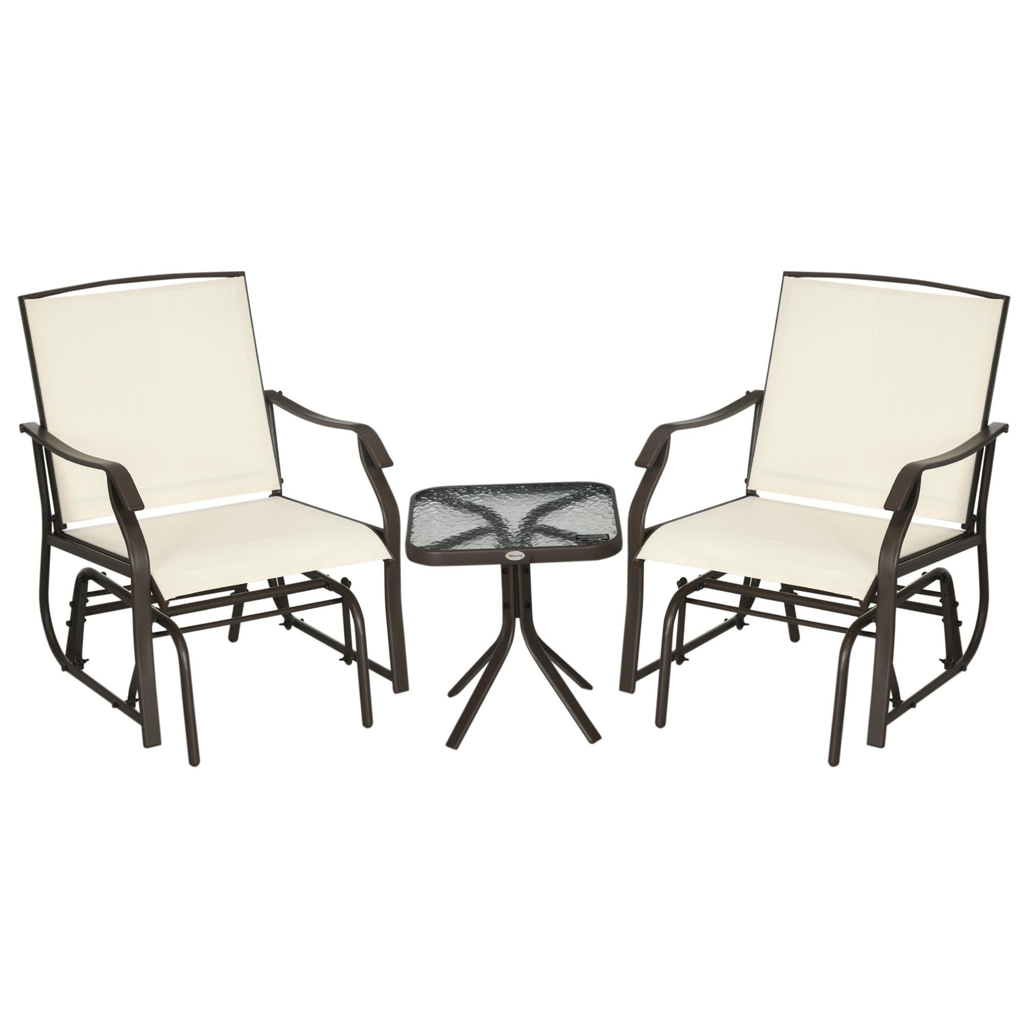 Cream White Mesh Glider Set with Glass Table for Two