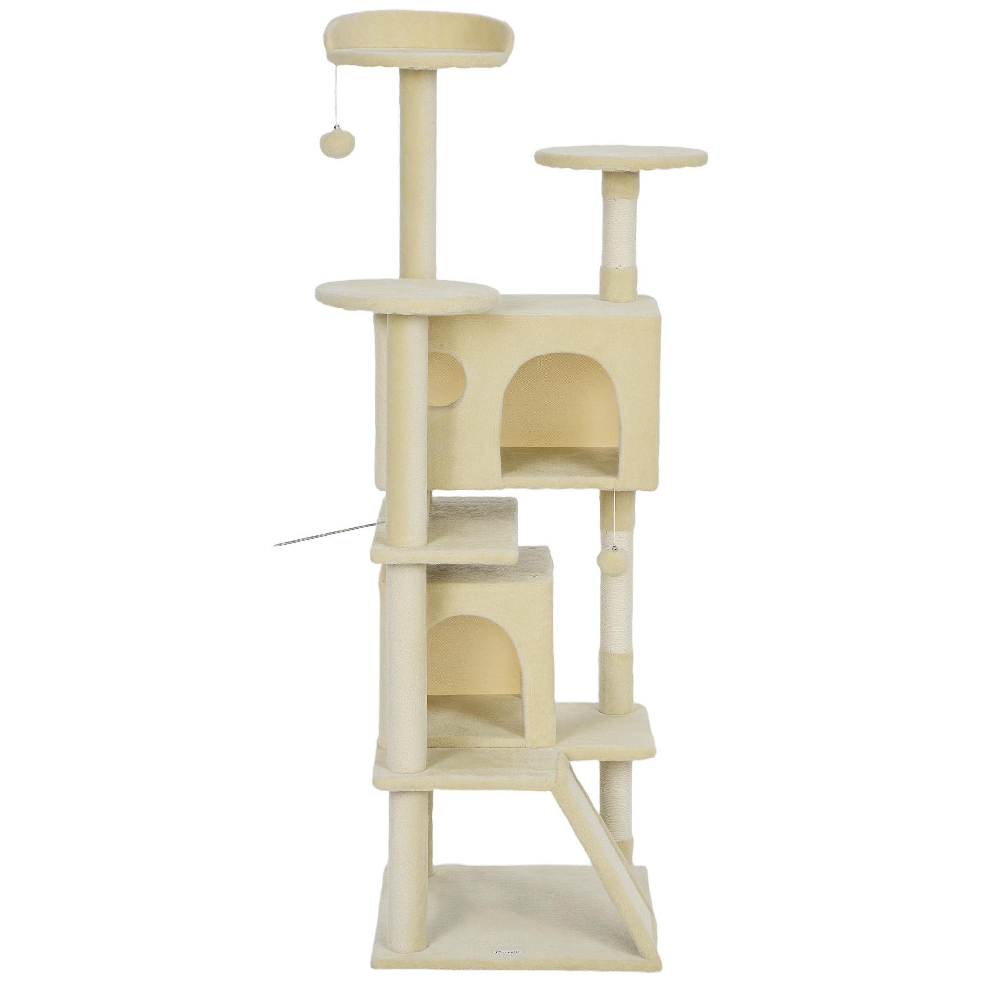 Cream White Cat Tower with Condos and Scratching Ramp