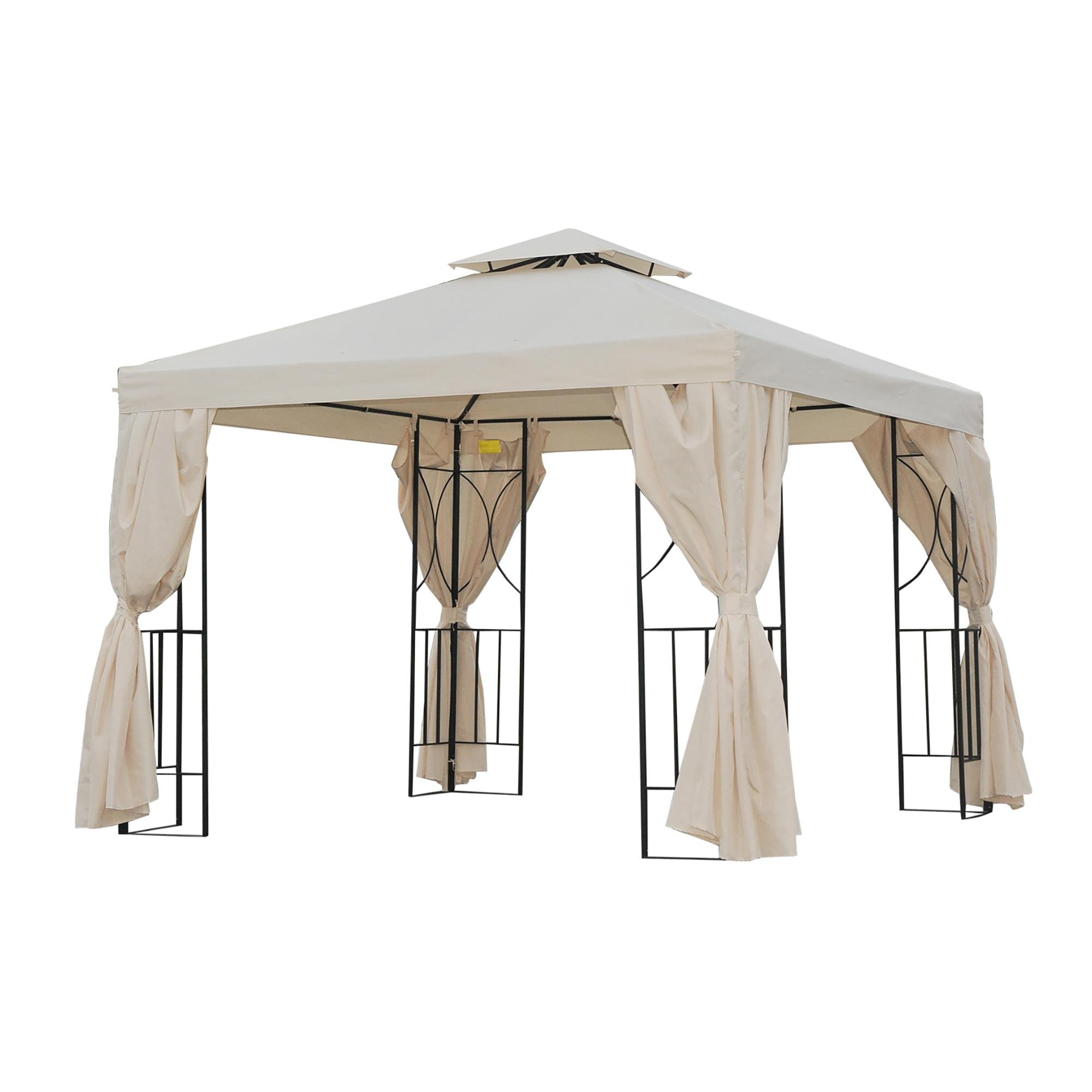 Cream White Metal Patio Gazebo with Double-tier Roof