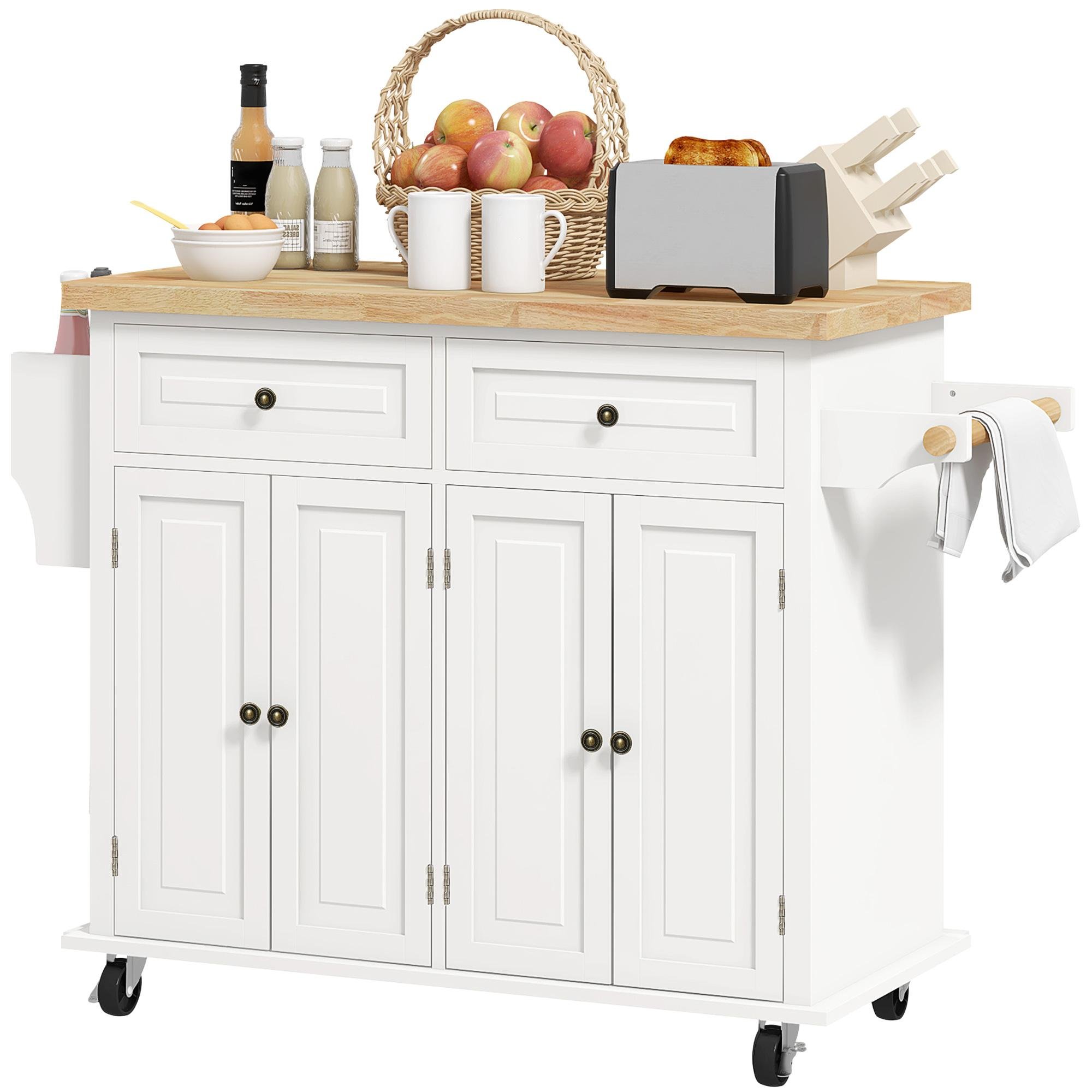 Cream White Rolling Kitchen Island with Rubberwood Top