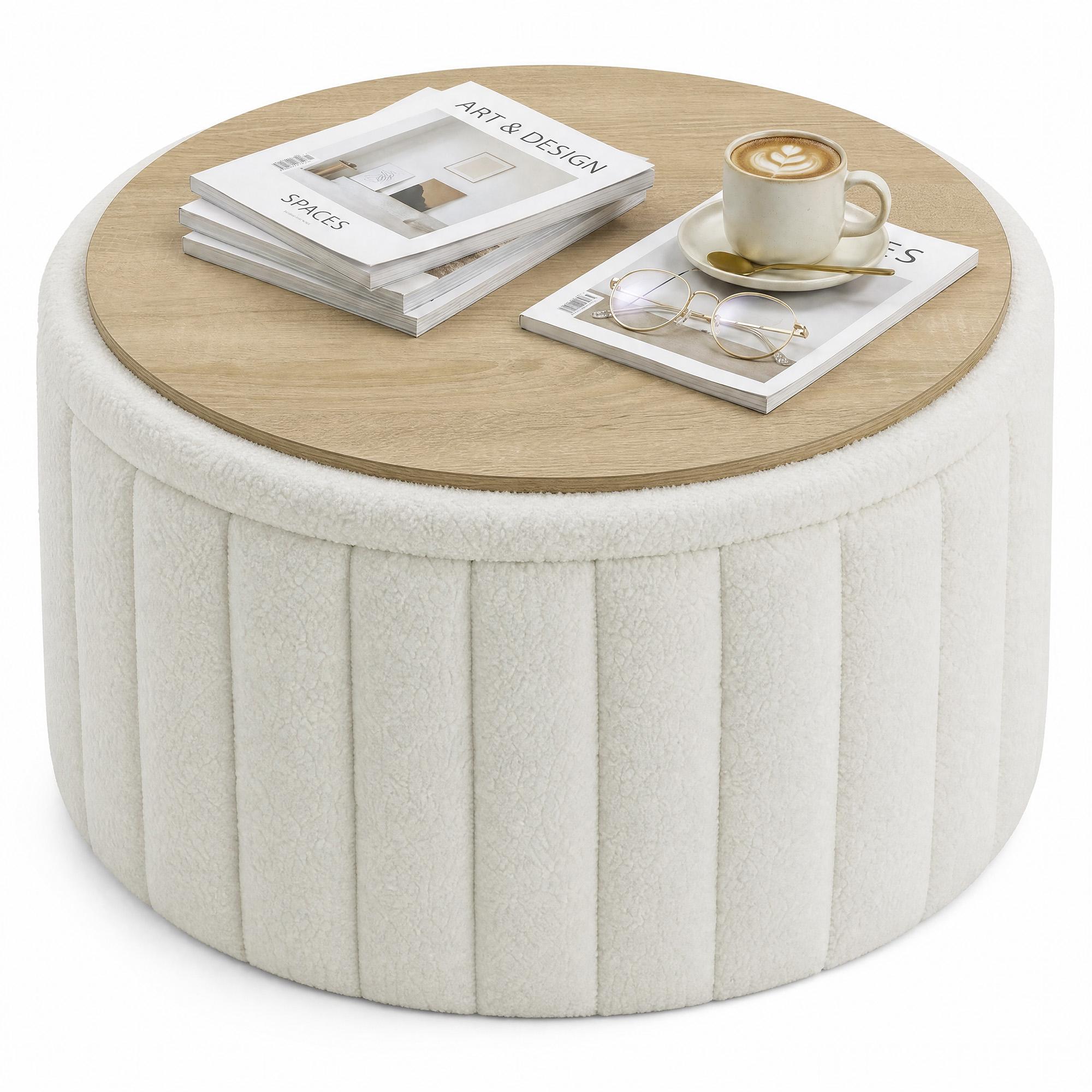 Cream White Sherpa Coffee Table with Hidden Storage