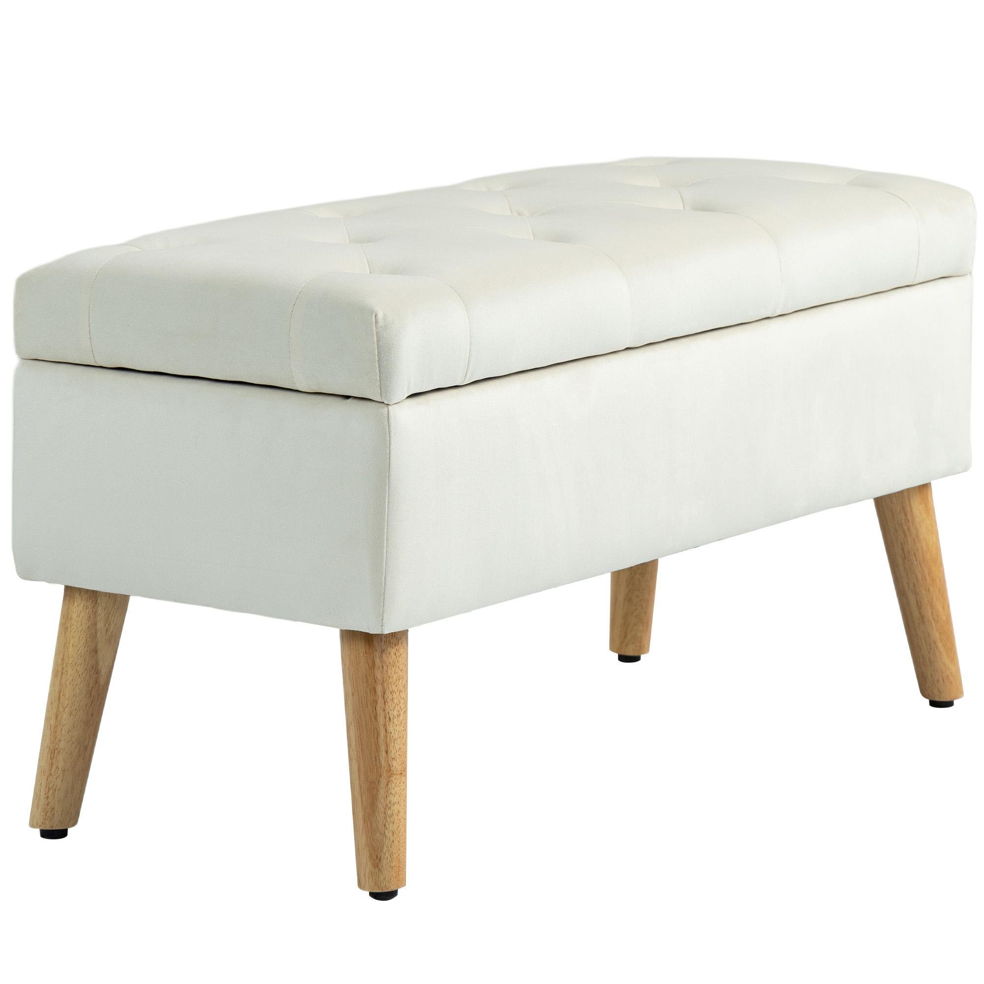 Cream White Velvet Storage Ottoman with Hidden Lid Storage