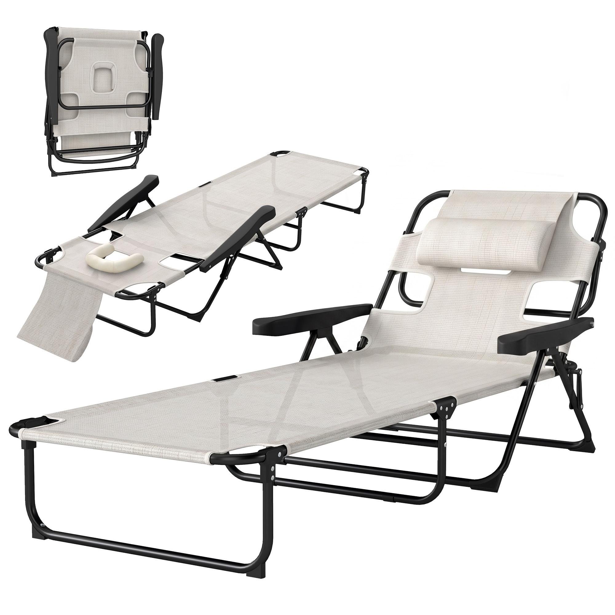 Cream White Folding Sun Lounger with 4 Recline Positions