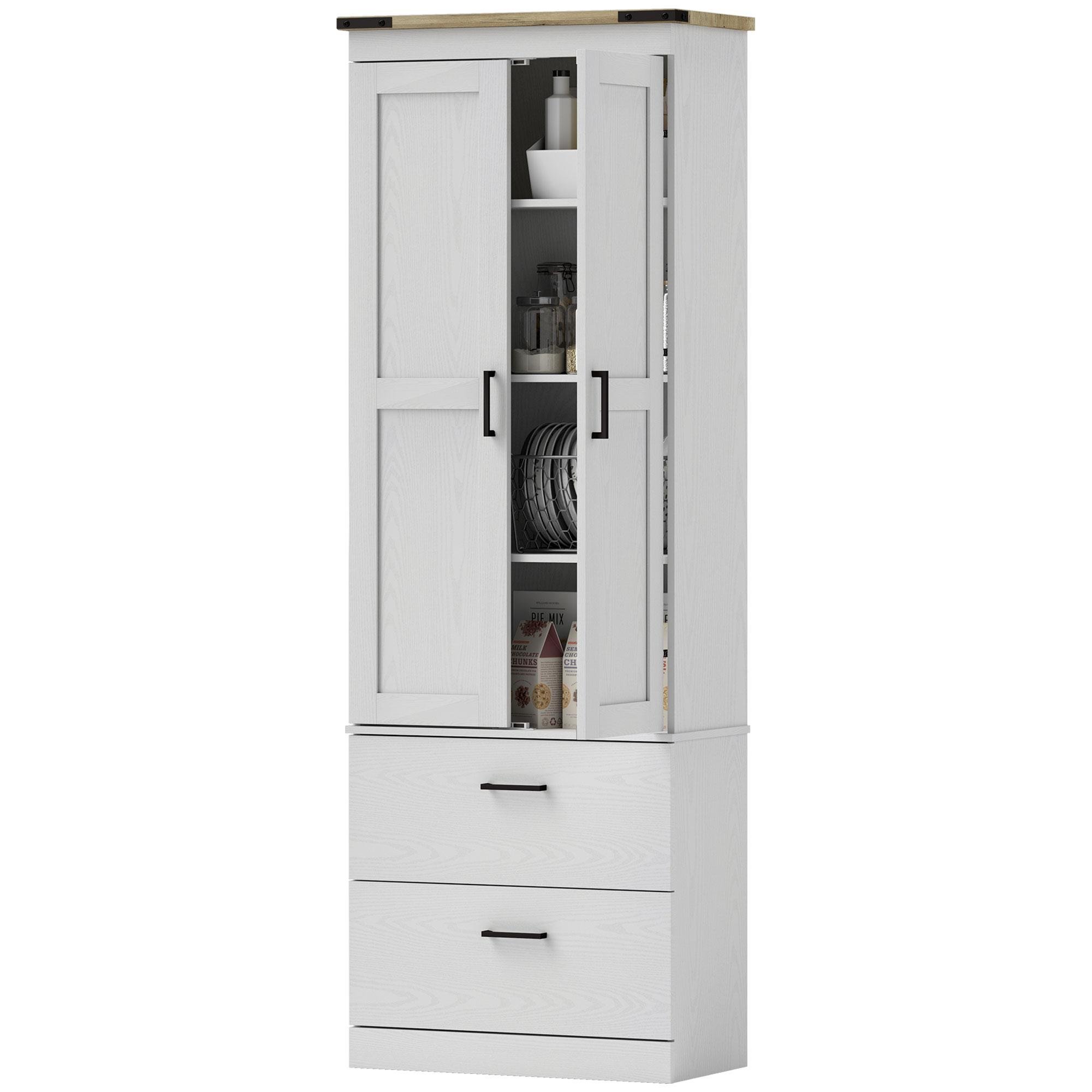 Cream White 67 Inch Pantry Cabinet with Adjustable Shelves