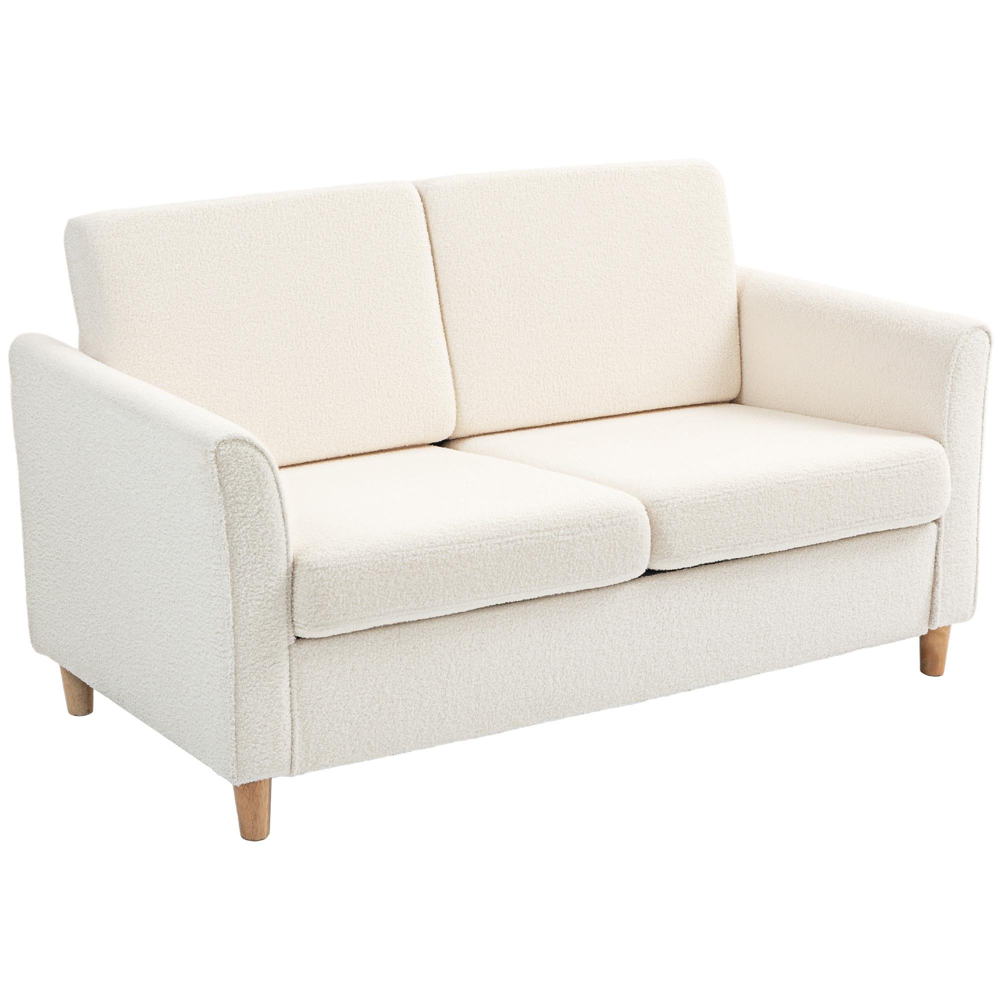 Cream White Teddy Fleece Loveseat with Wood Legs