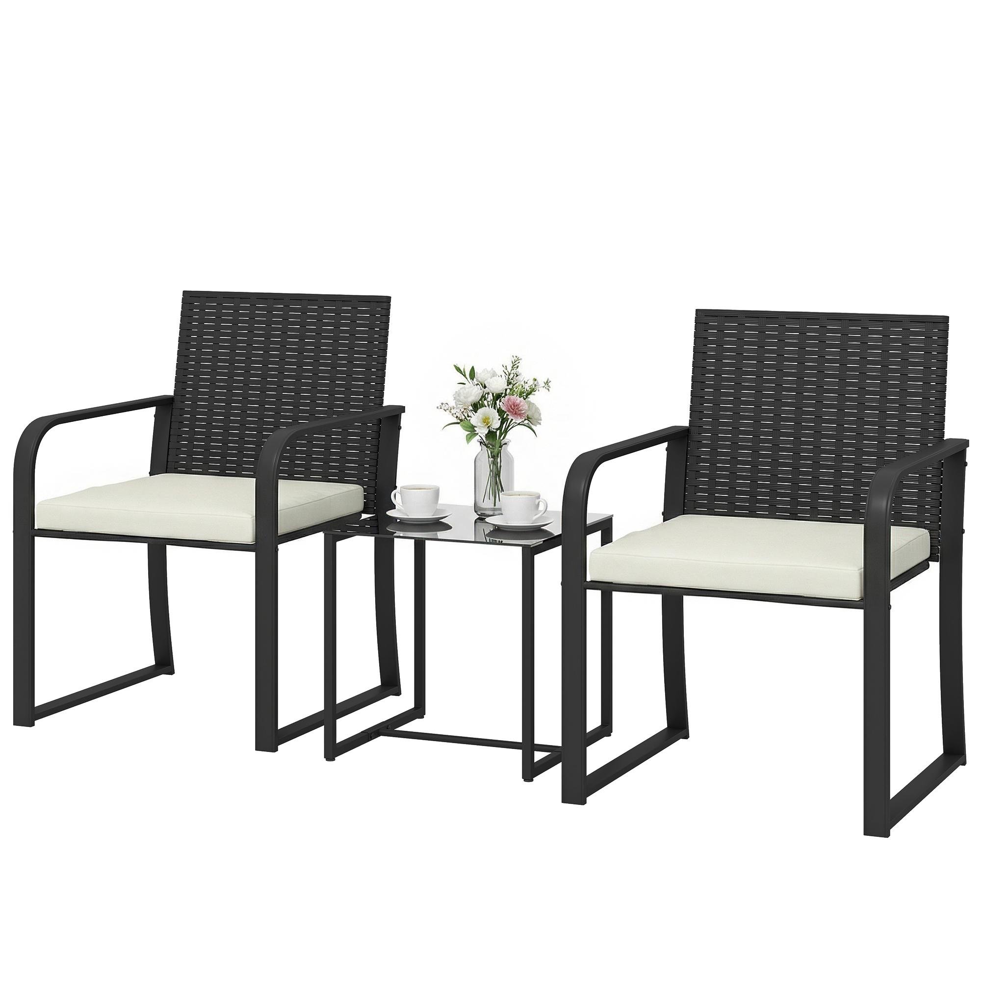 Cream White Wicker Bistro Set with Cushions for Two