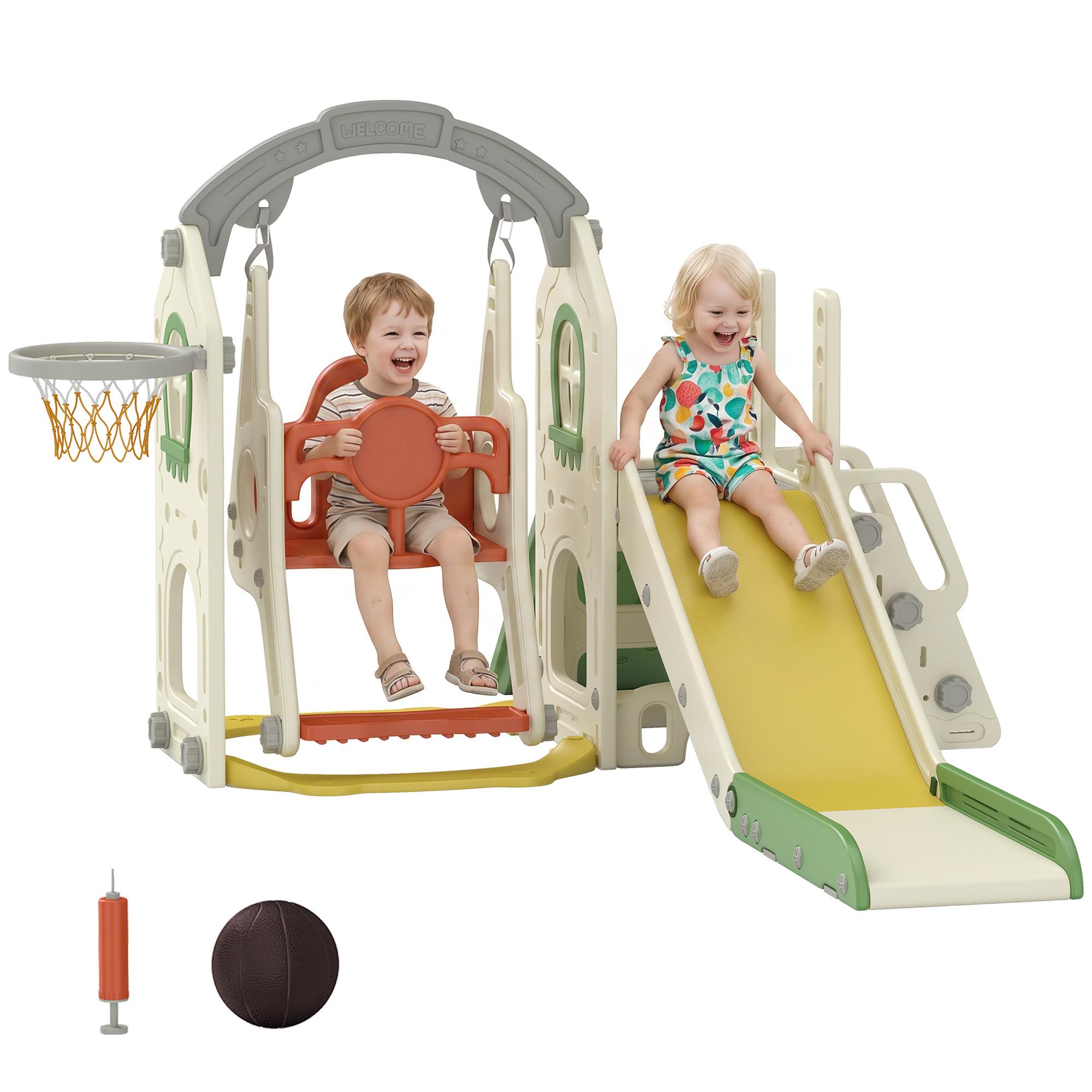 Cream White Toddler Swing Set with Foldable Slide