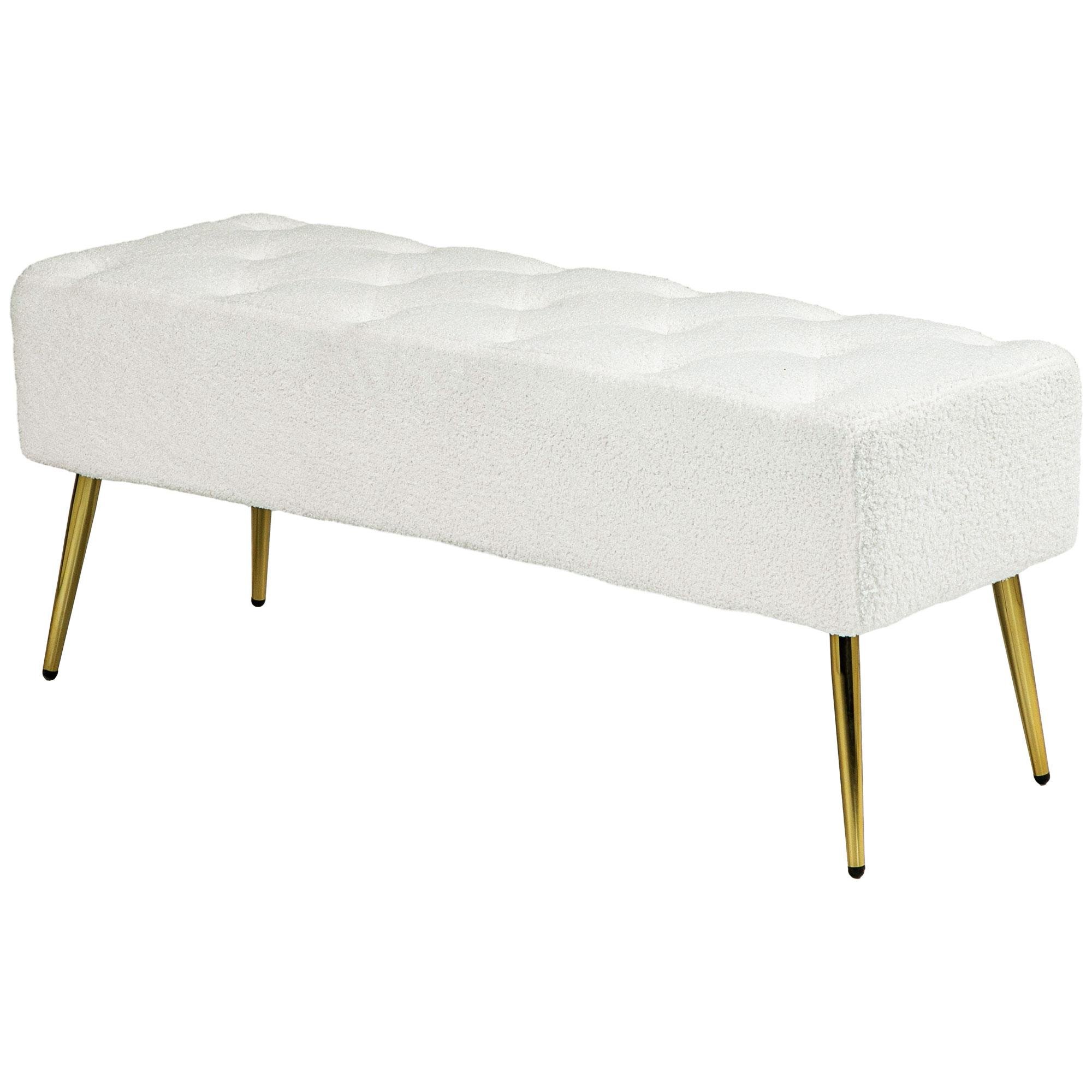 Cream White Padded Bedroom Bench with Tufted Cushion