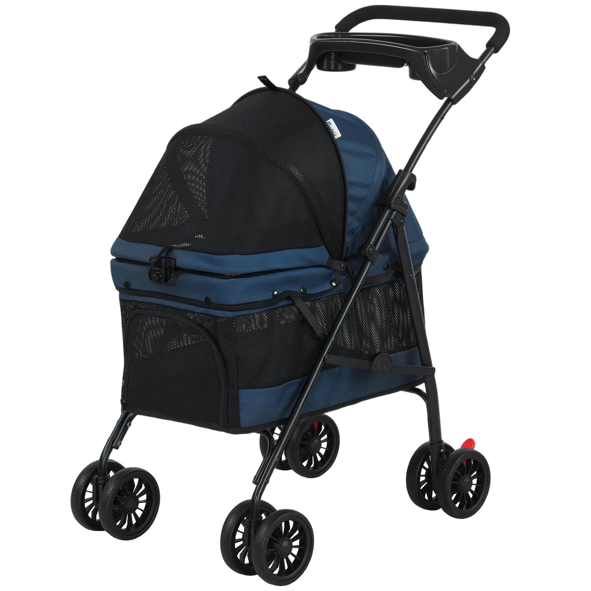 Dark Blue Mesh Pet Stroller for Small Pets, Foldable