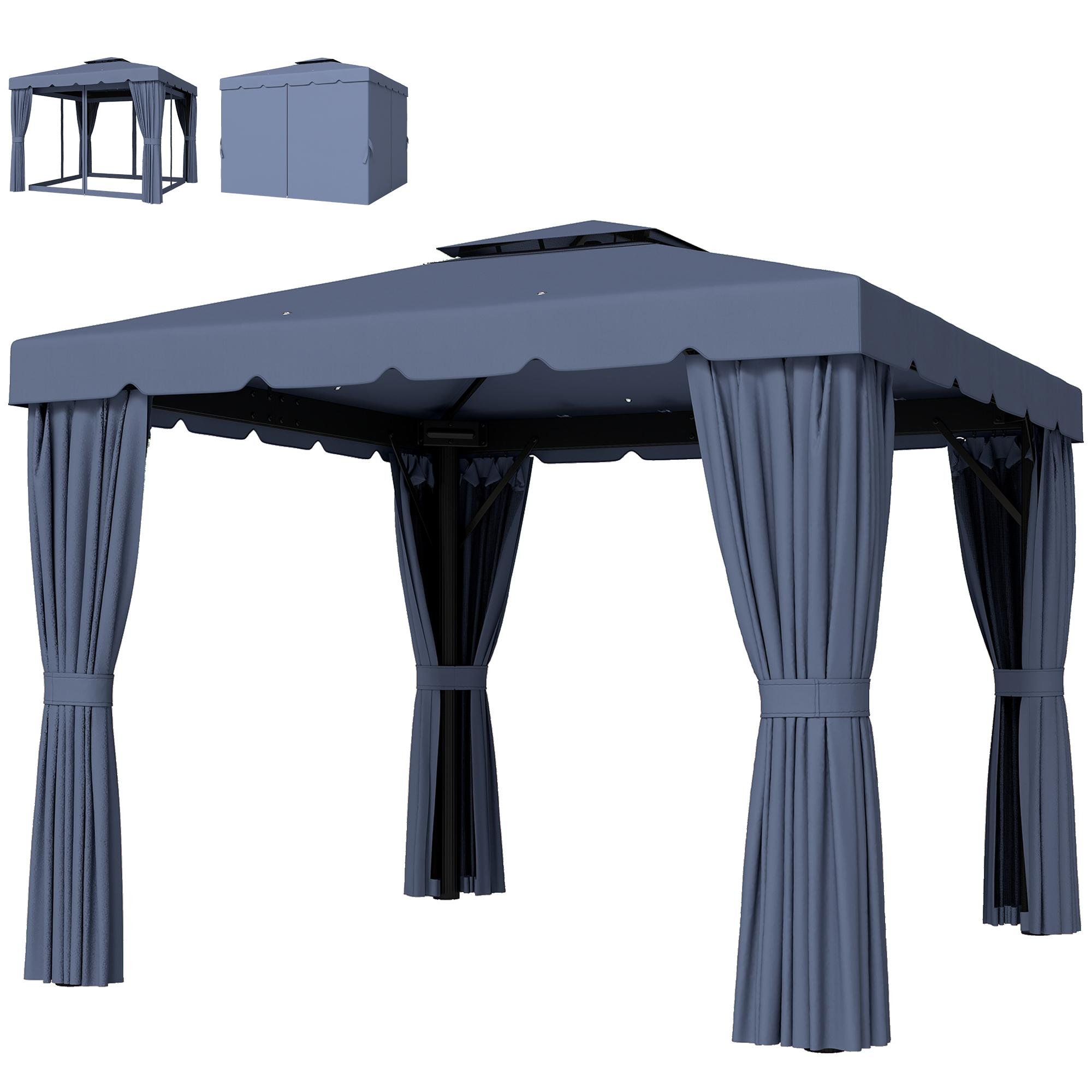 Dark Blue 3m Gazebo with Two-Tier Canopy and Curtains