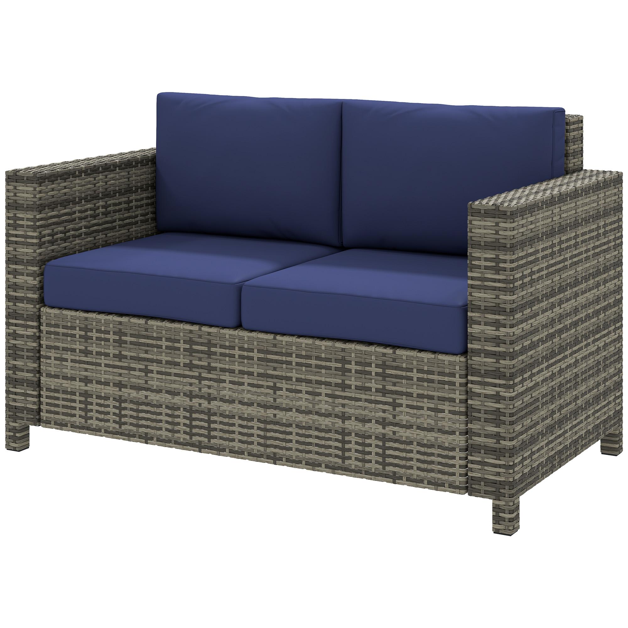 Dark Blue Rattan Loveseat with Cushions for Outdoor Patios