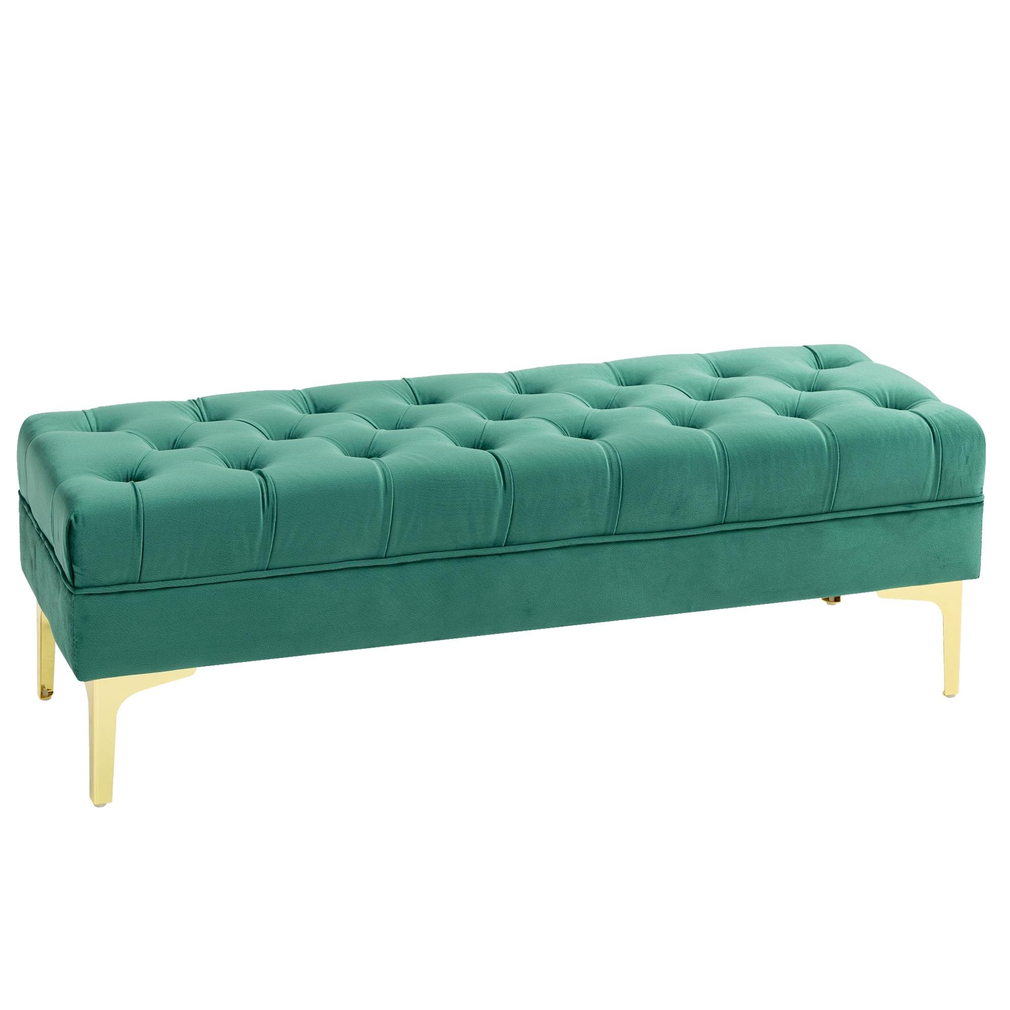 Green Tufted Entryway Bench with Gold-Tone Legs