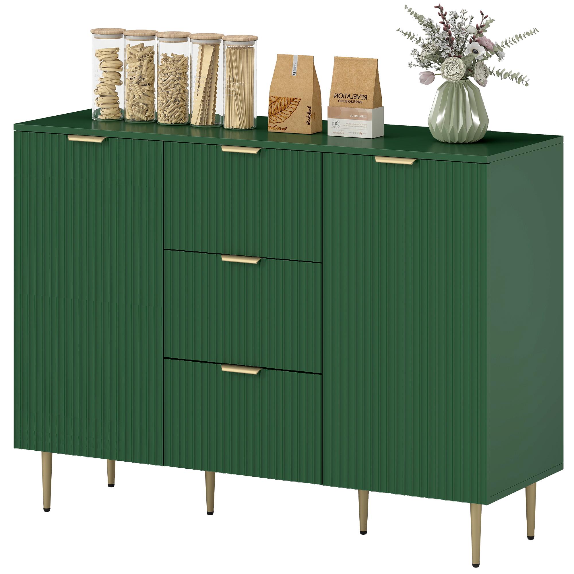 Green Fluted Bar Cabinet with 3 Drawers and Shelves