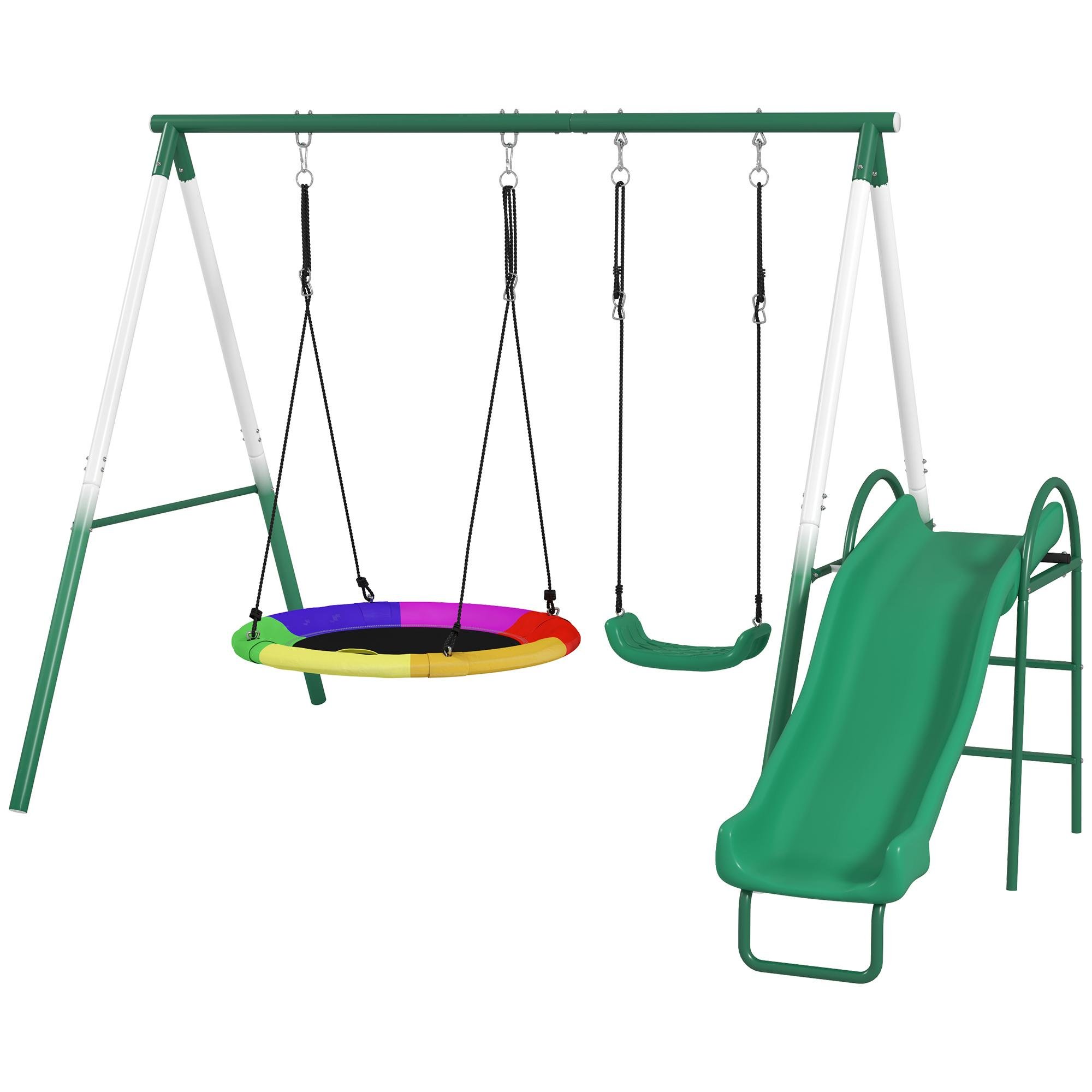 Dark Green Metal Swing Set with 5-Foot Slide