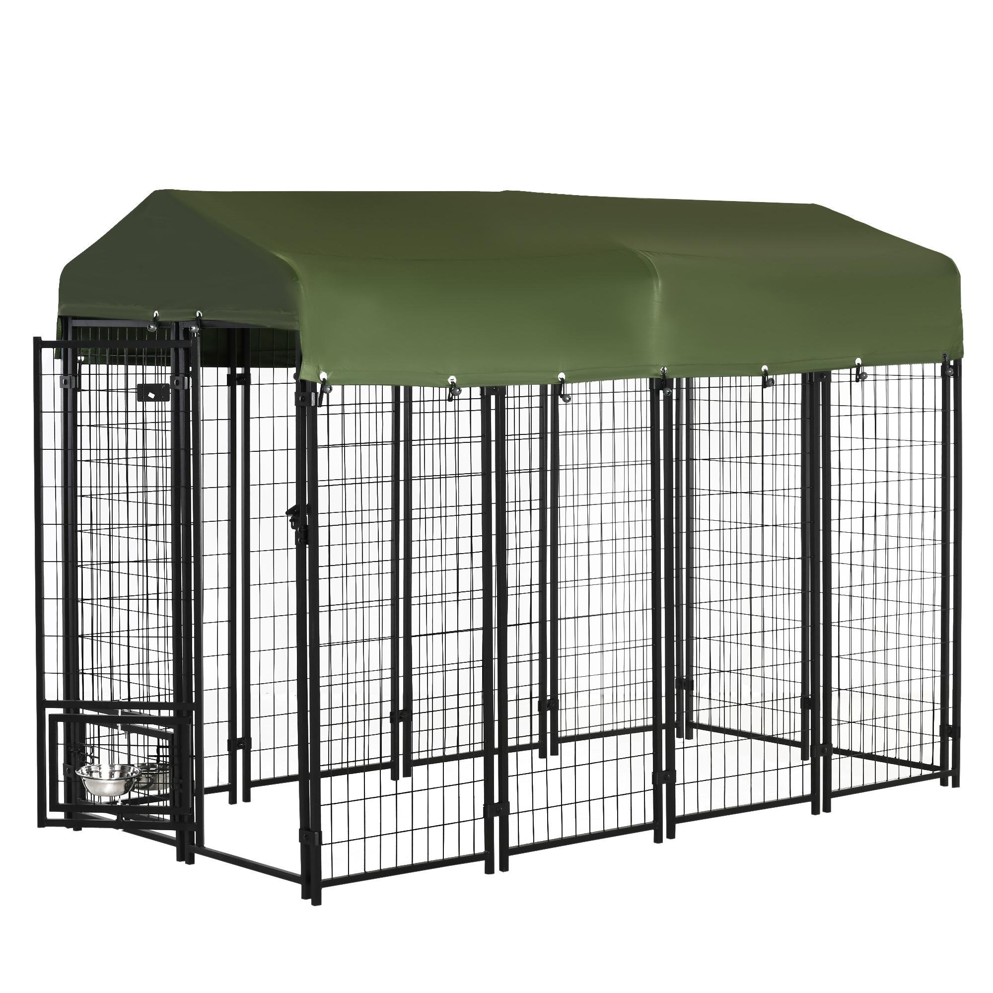 Dark Green Steel Dog Kennel with Water-Resistant Canopy