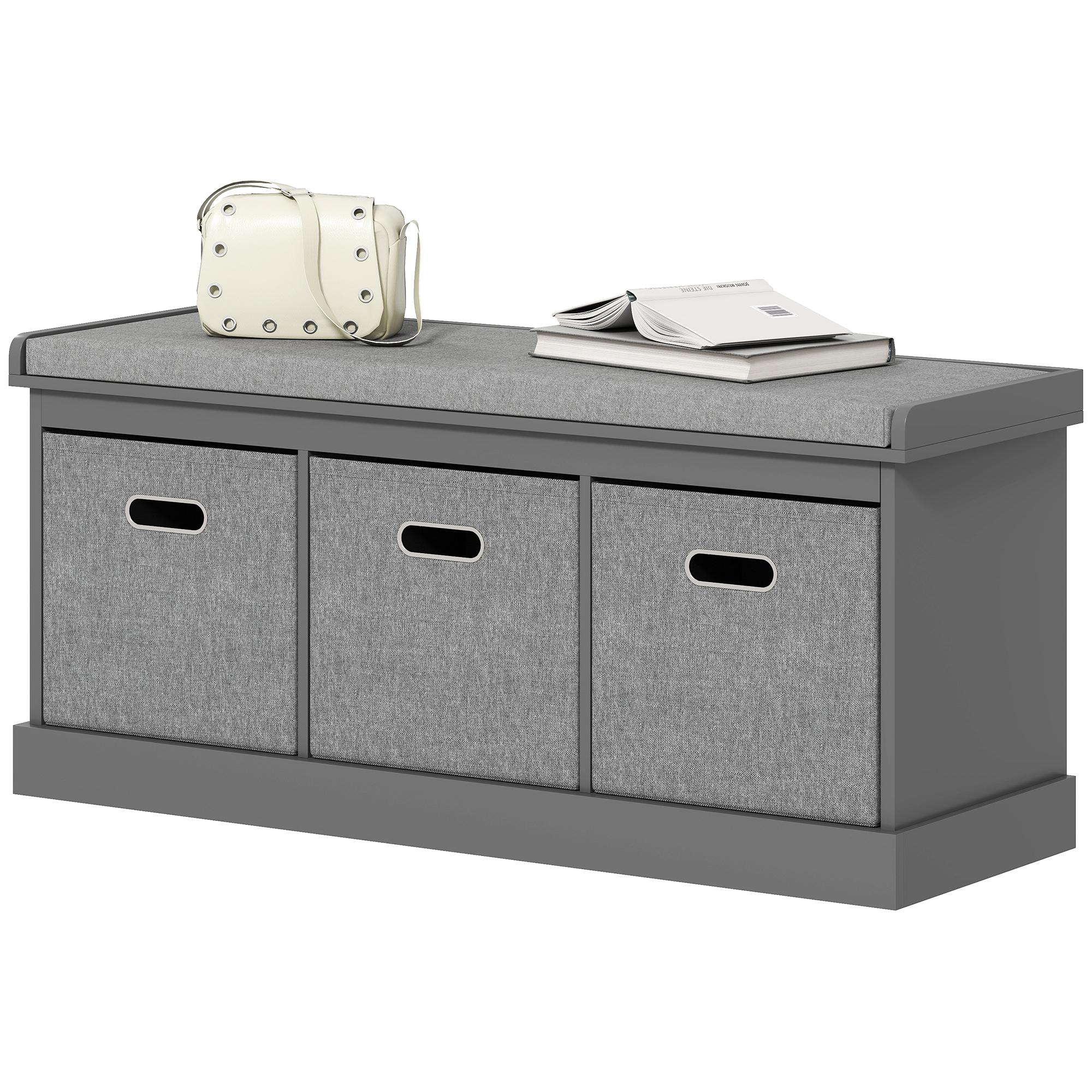 Dark Grey Fabric Drawer Bench with Cushioned Seat