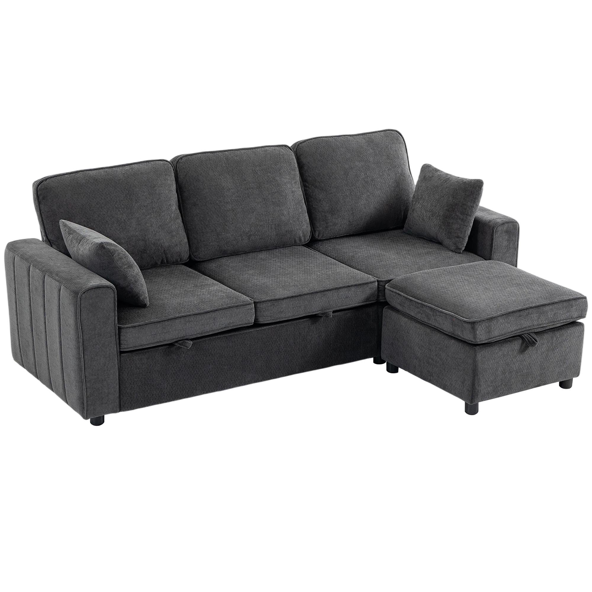 Dark Grey Chenille Sofa Bed with Reversible Ottoman