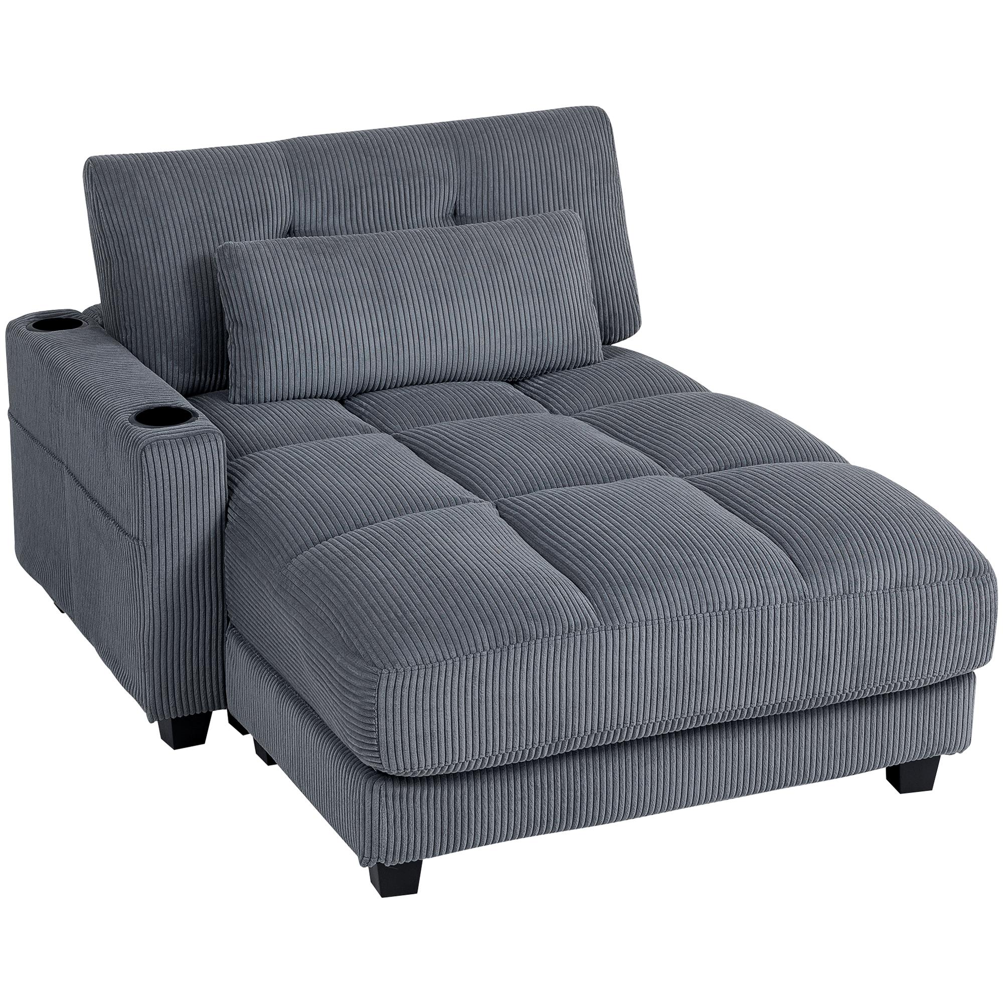 Dark Grey Corduroy Chaise Lounge Sofa Bed with Cup Holders