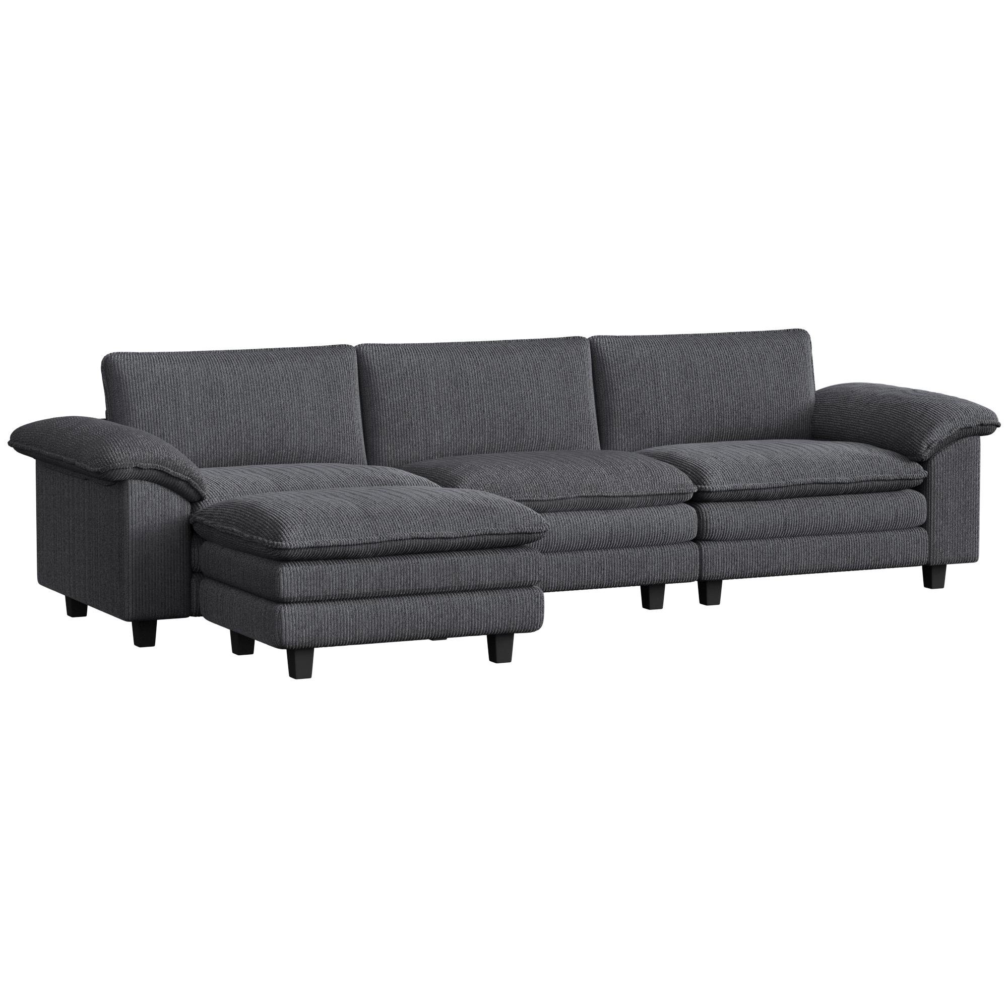Dark Grey Corduroy L Sectional with Movable Ottoman