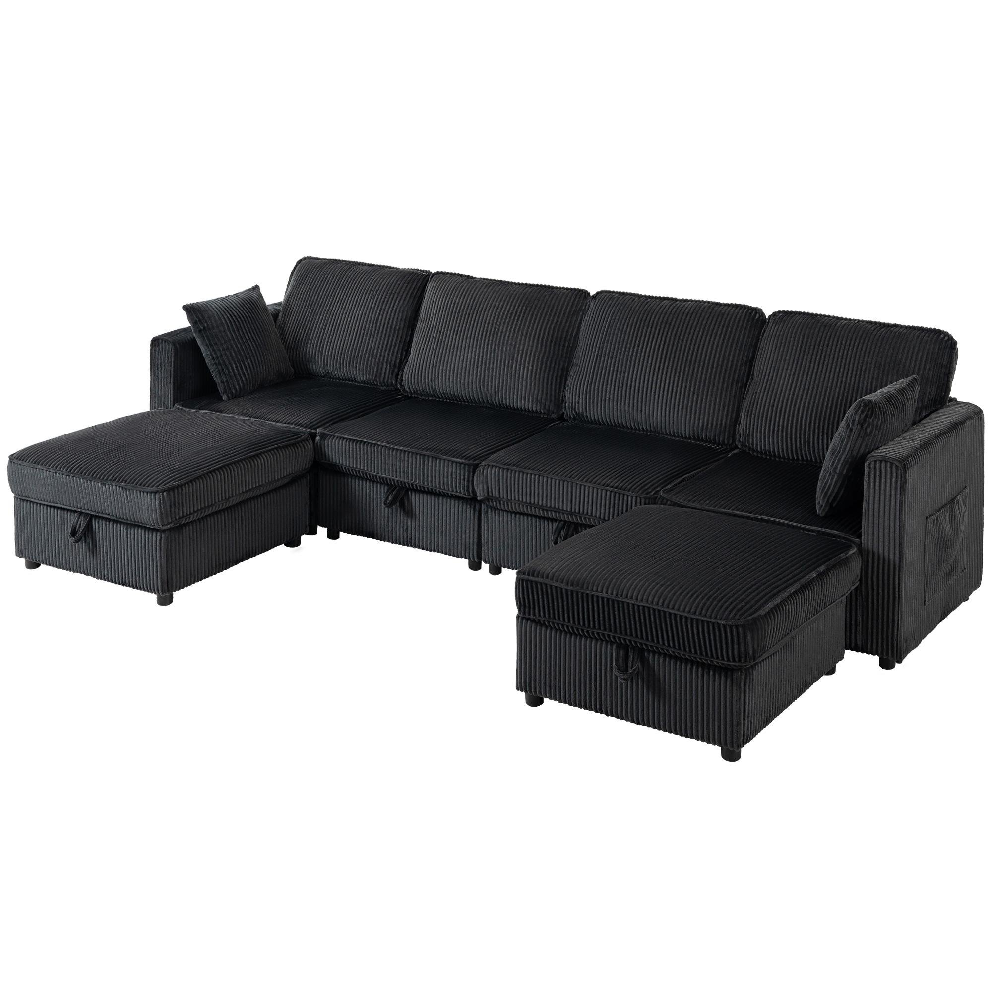 Dark Grey Corduroy Sofa Set with Dual Storage Ottomans