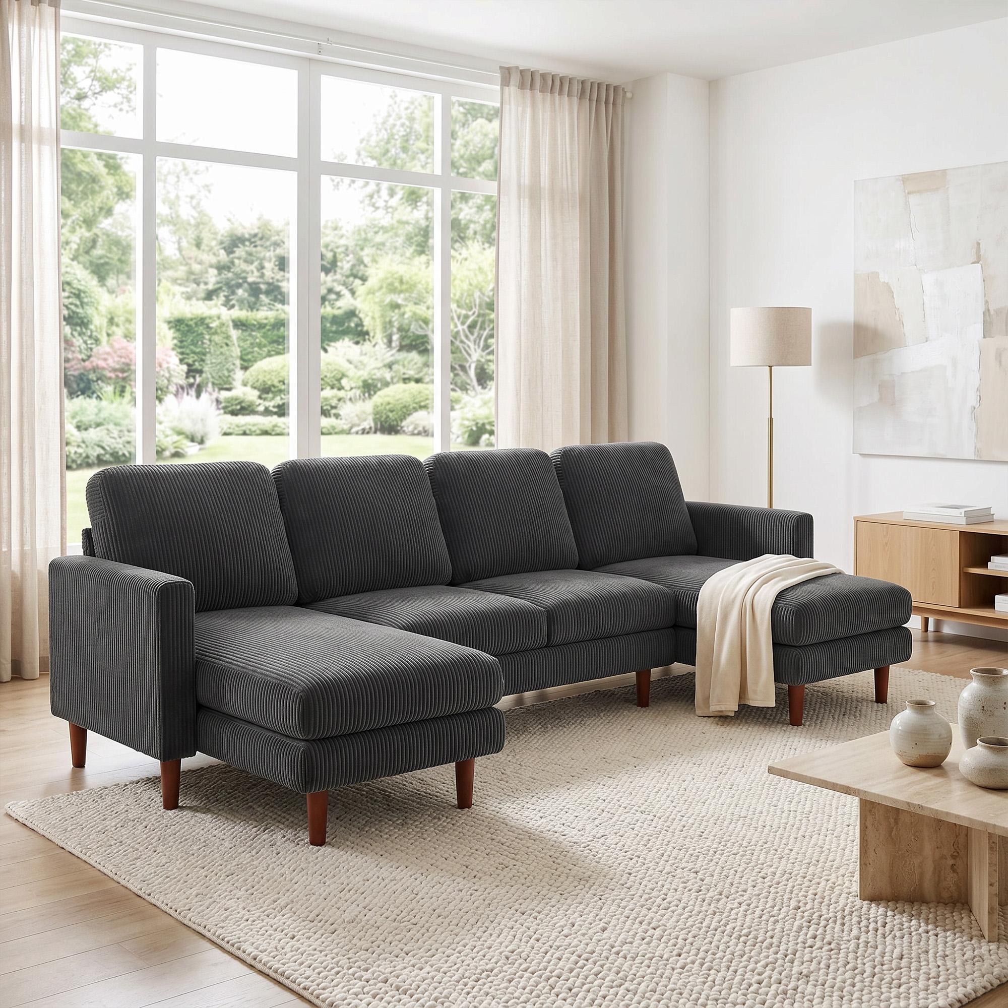 Dark Grey Corduroy Sectional Sofa with Double Chaise
